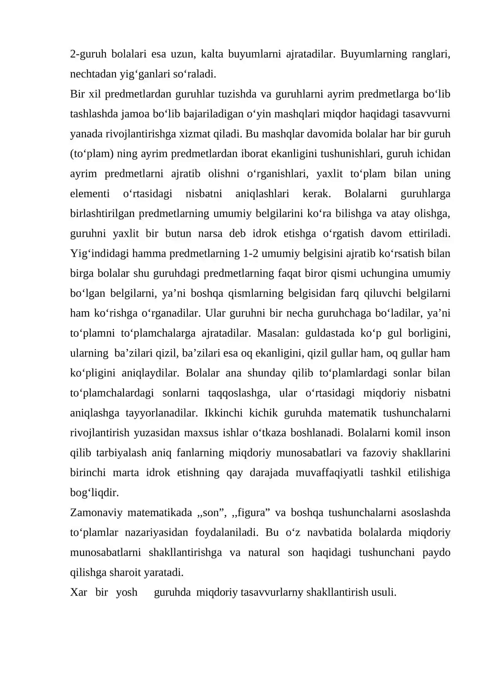 Ilk va maktabgacha yoshdagi bolalarning predmetlar miqdorini idrok qilish, esda olib qolishi va taqqoslashning o‘ziga xos xususiyatlari 4