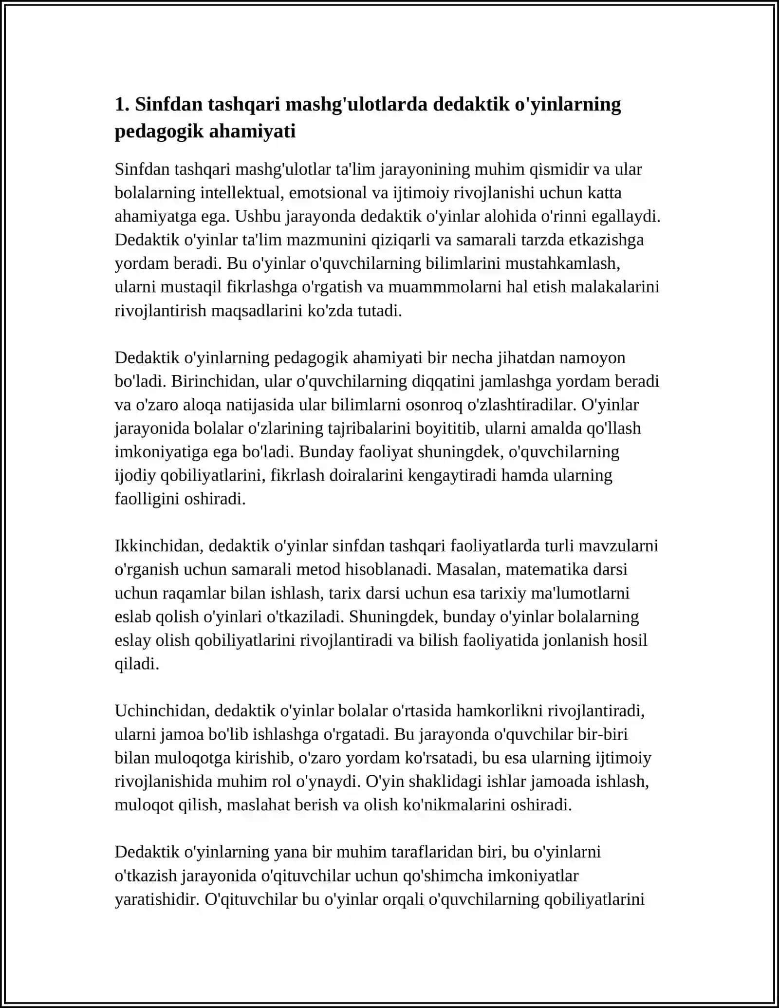 SINFDAN TASHQARI MASHG'ULOTLARDA DEDAKTIK O'YINLARNI AHAMIYATI,MAZMUNI ULARDAN FOYDALANISH USULLARI 4