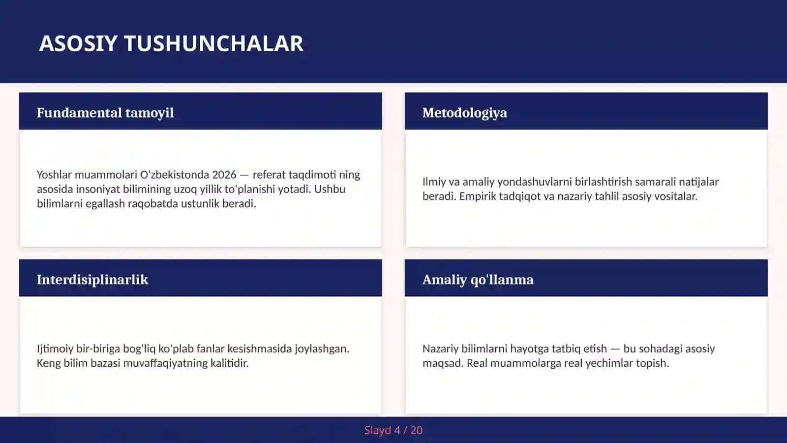 Yoshlar muammolari O'zbekistonda 2026 — referat taqdimoti 4