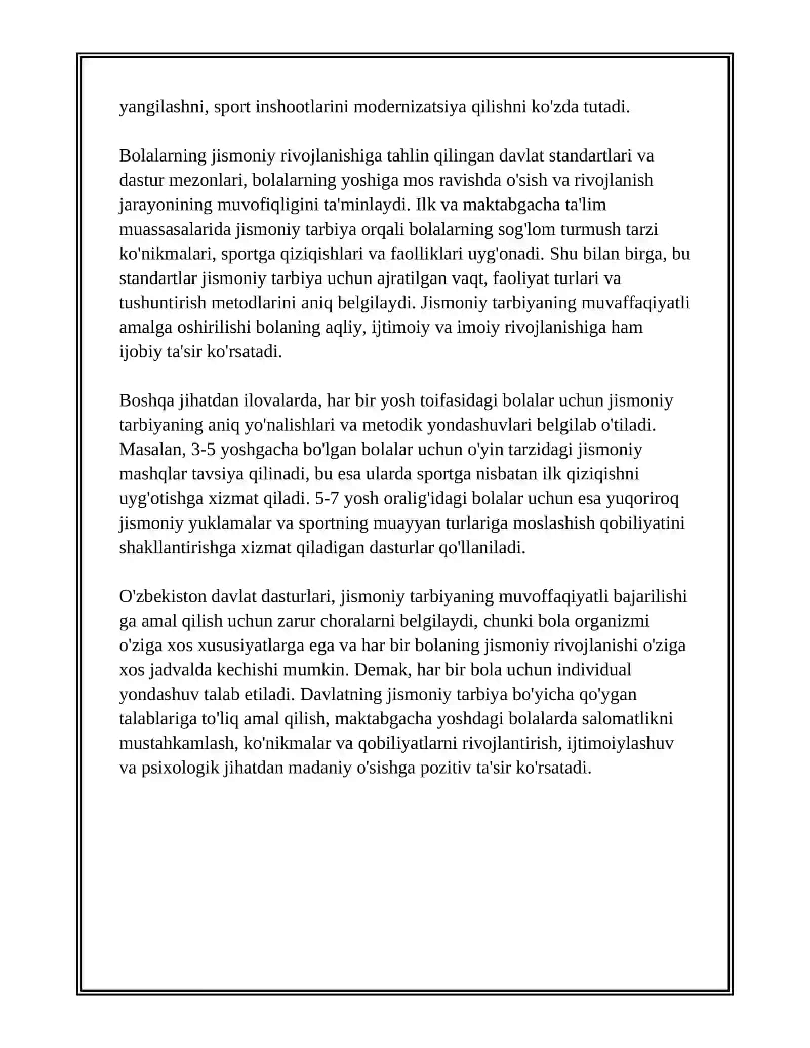 ILK VA MAKTABGACHA BOLALAR RIVOJLANISHIGA QO'YILADIGAN DAVLAT TALABLARI VA DAVLAT DASTURIDA JISMONIY TARBIYA MASALALARINING YORITILISHI 4