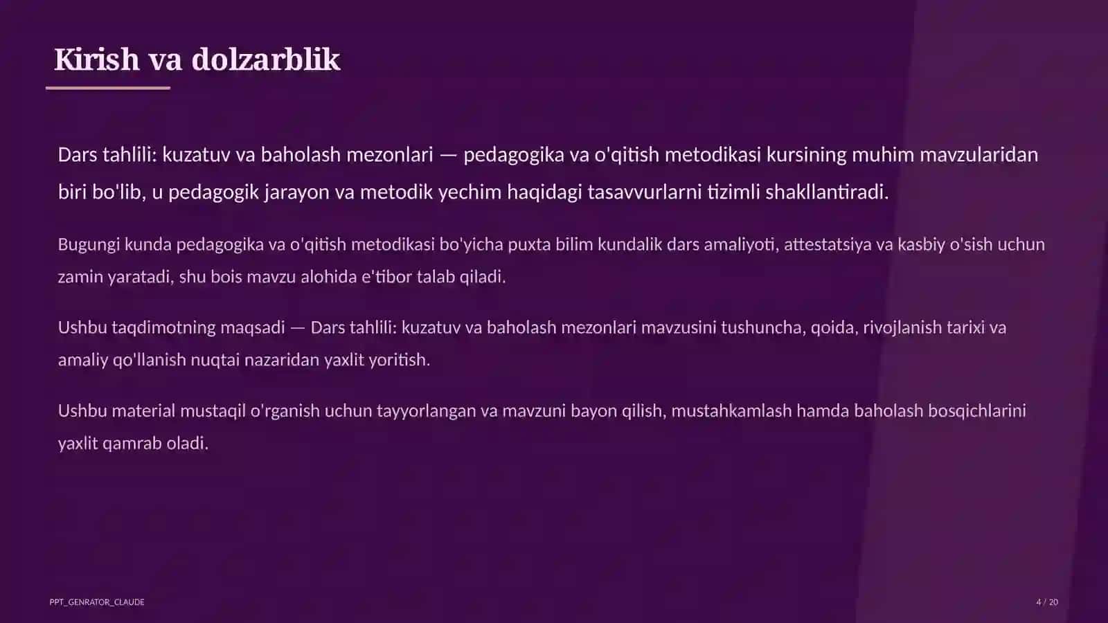 Dars tahlili: kuzatuv va baholash mezonlari 4