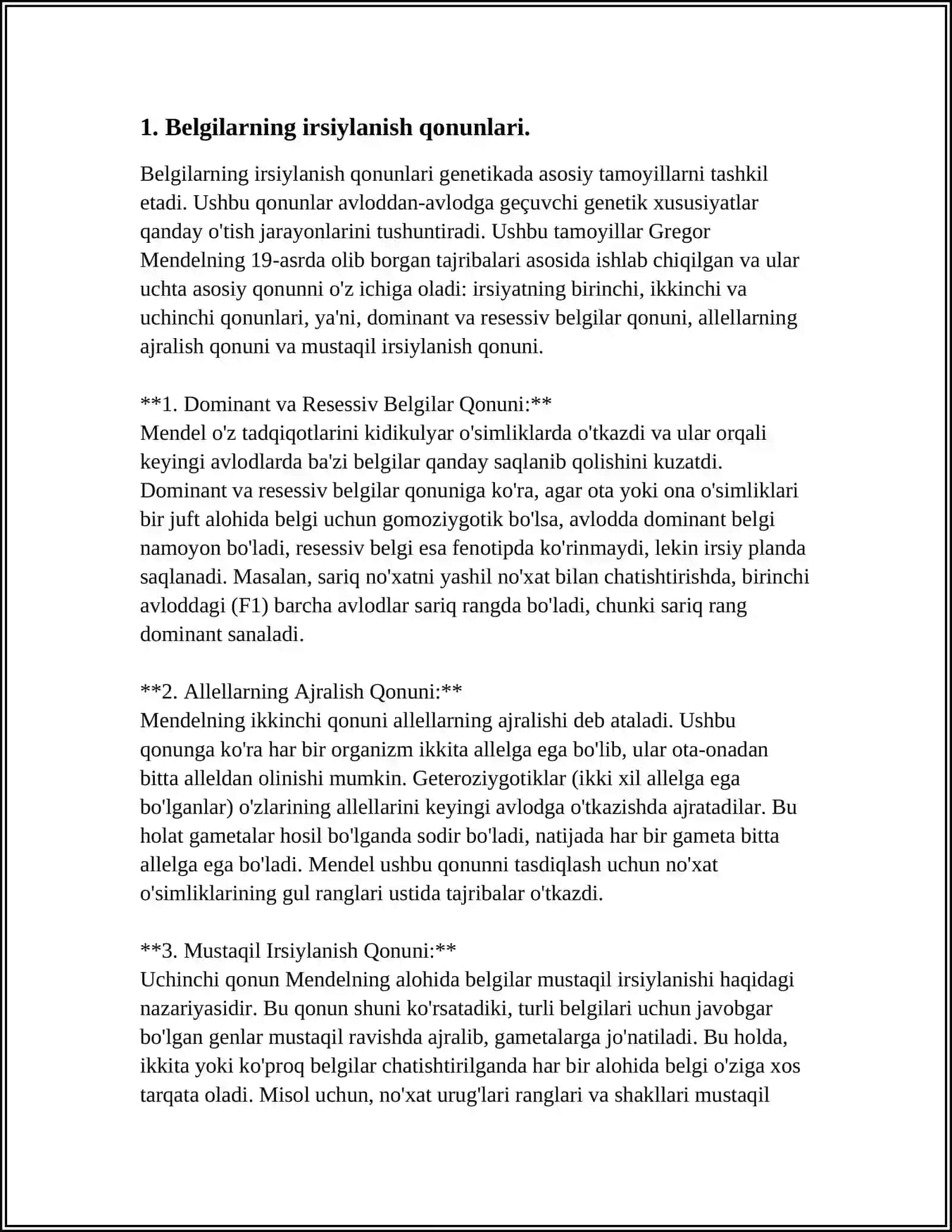 BELGILARNING IRSIYLANISH QONUNLARI. IRSIYAT QONUNLARI. GENETIK INJENERIYANING TIBBIYOTDAGI ROLI. ANTIMUTAGENEZ 4