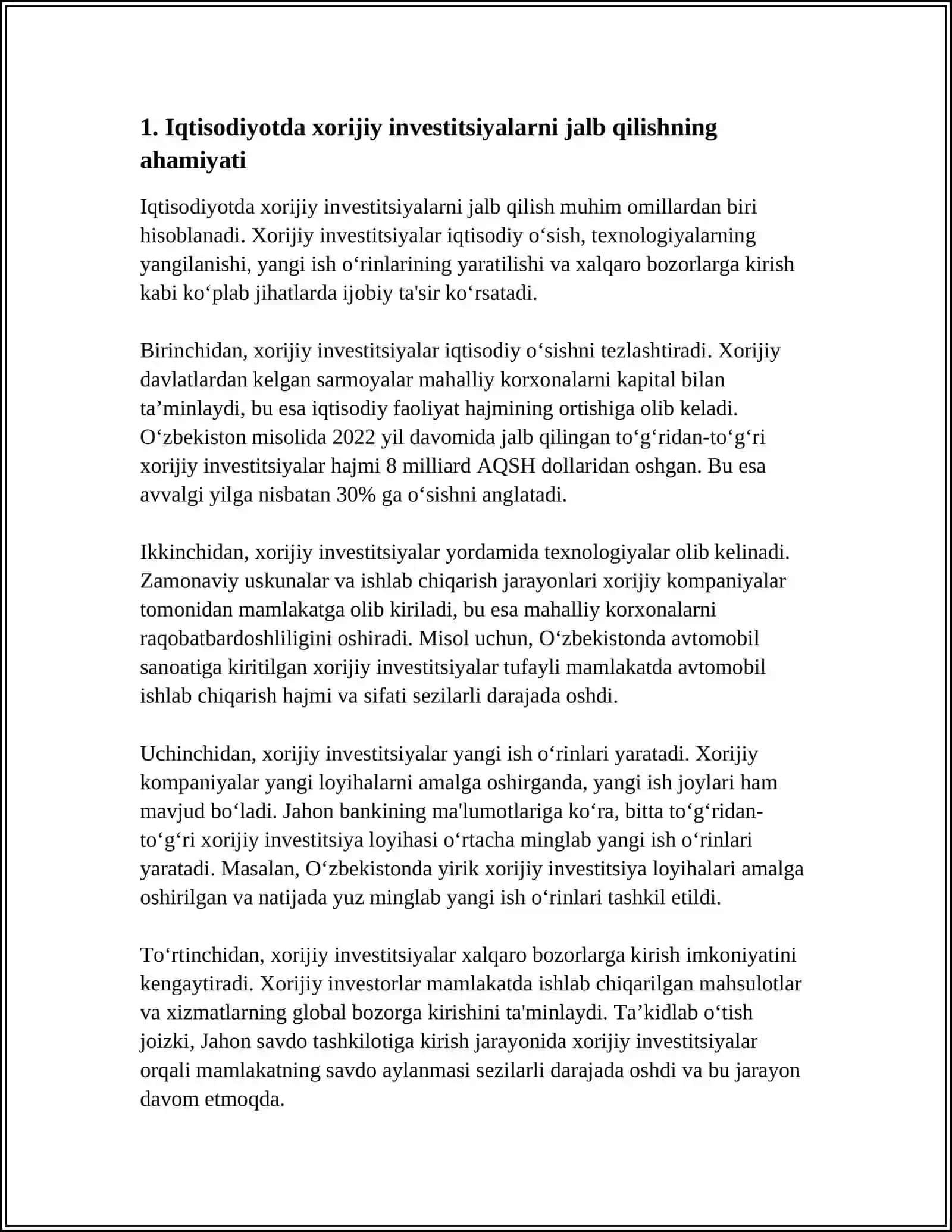 IQTISODIYOTNING REAL SEKTOR KORXONALARNI MOLIYALASHTIRISHDA XORIJIY INVESTITSIYALARNI JALB QILISH 4