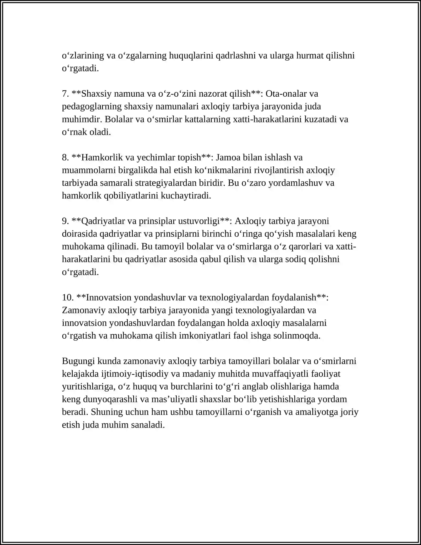 ZAMONAVIY AXLOQIY TARBIYANING YUTUQLARI VA KAMCHILIKLARI TEST 4