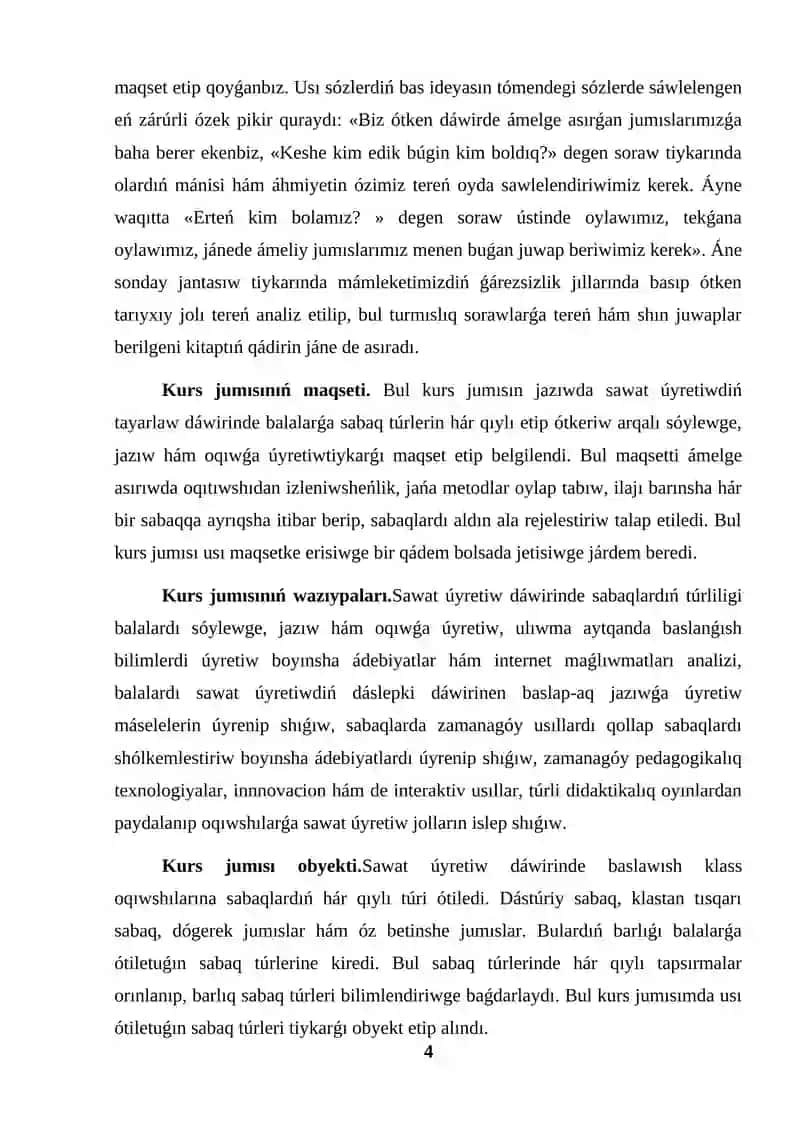 SAWAT ÚYRETIW DÁWIRINDE SABAQ TÚRLERI QARAQALPAQSHA KURS JUMISI 4