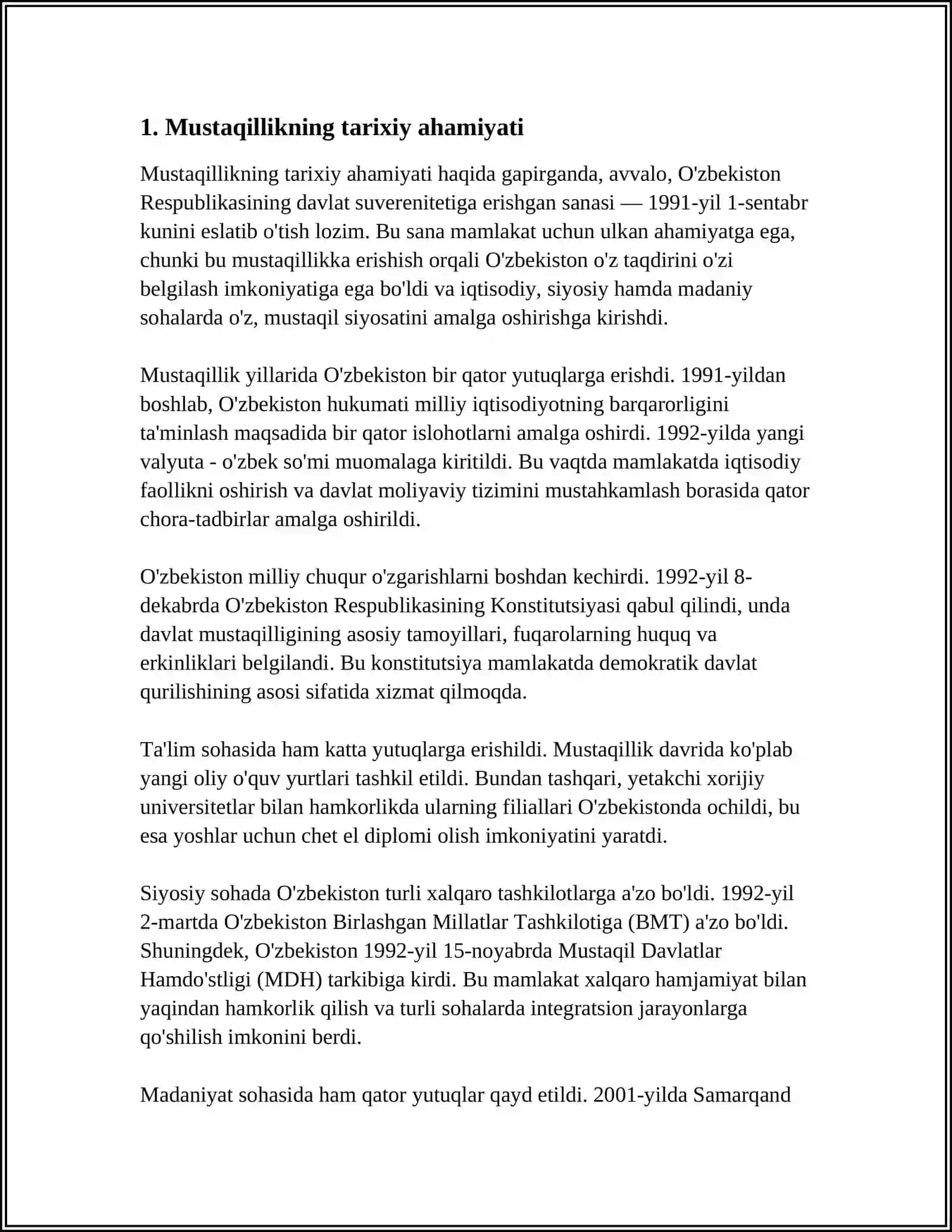 MUSTAQIL OʻZBEKISTON RESPUBLIKASI TASHKIL TOPISHINING TARIXIY AHAMIYATI 4
