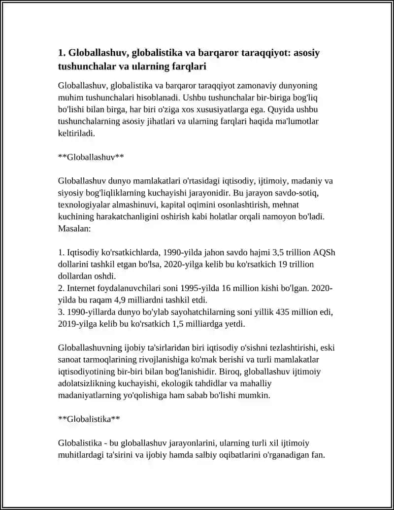 GLOBALLASHUV, GLOBALISTIKA VA BARQARORTARAQQIYOT TUSHUNCHALARINING OʻZARO ALOQASI VA FARQI MAVZUSIDA ESSЕ TAYYORLASH, UNING TAQDIMOTINI OʻTKAZISH 4