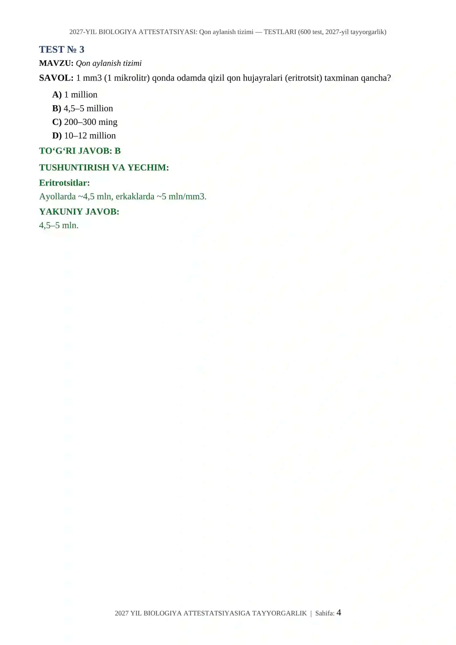 2027-YIL BIOLOGIYA ATTESTATSIYASI: Qon aylanish tizimi — TESTLARI (600 test, 2027-yil tayyorgarlik) 4
