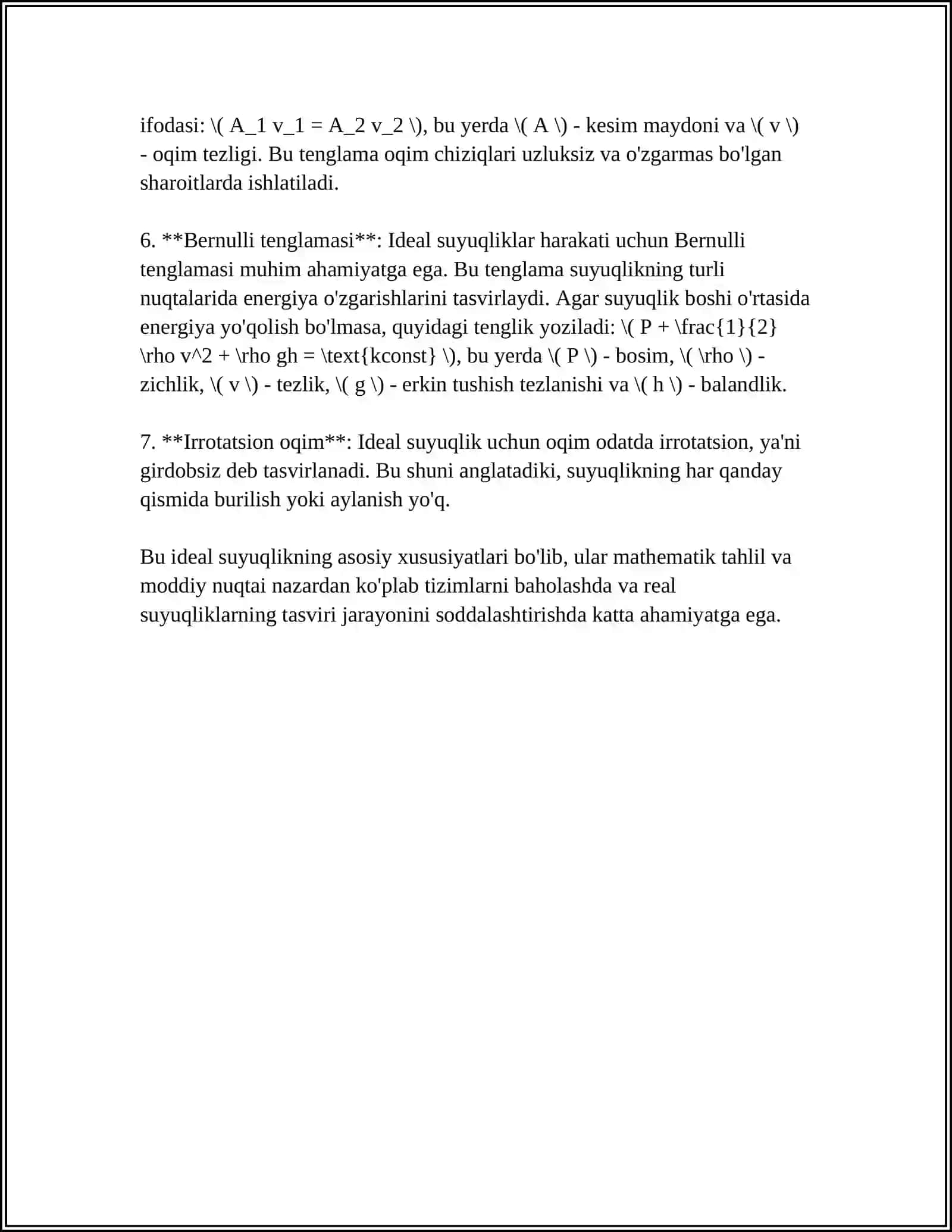IDEAL VA YOPISHQOQ SUYUQLIK. IDEAL SUYUQLIKNING STATSIONAR HARAKATI BURNULLI TENGLAMASI YOPISHQOQLIK KOEFFITSENTI. STOCKS FORMULASI 4
