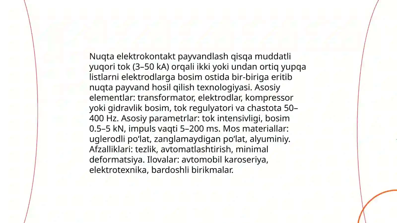Metallarni elektrokontakt usullari bilan payvandlash va olinadigan maxsulotlar 4