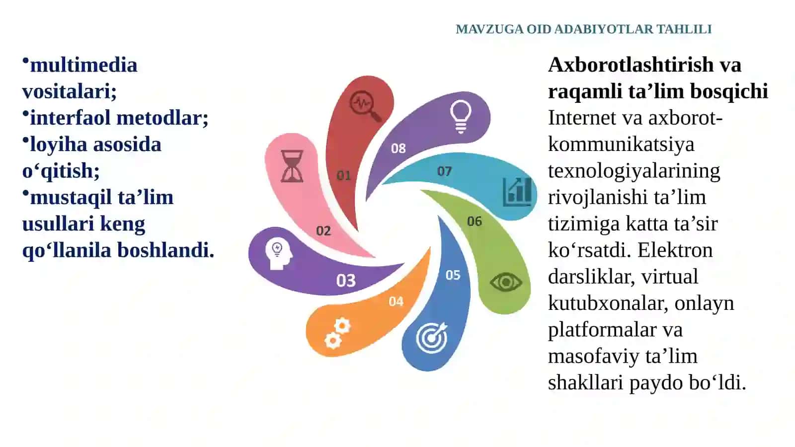 Mavzu.XXI asr jahon ta‘lim tizimidagi global tendentsiyalar. Iqtisodiy rivojlangan davlatlar ta‘lim tizimi. Ta‘lim modellari.  Xalqaro loyihalar va ta‘lim dasturlari. Ta‘limni tashkil etish shakllari. Darsning turlari va tuzilishi. Nostandart darslar. Ta‘limni tashkil etishning yordamchi shakllari. STEAM – Science (fan), Technology (texnologiya), Engineering (injeneriya), Mathematics (matematika) o‘qitish: 4