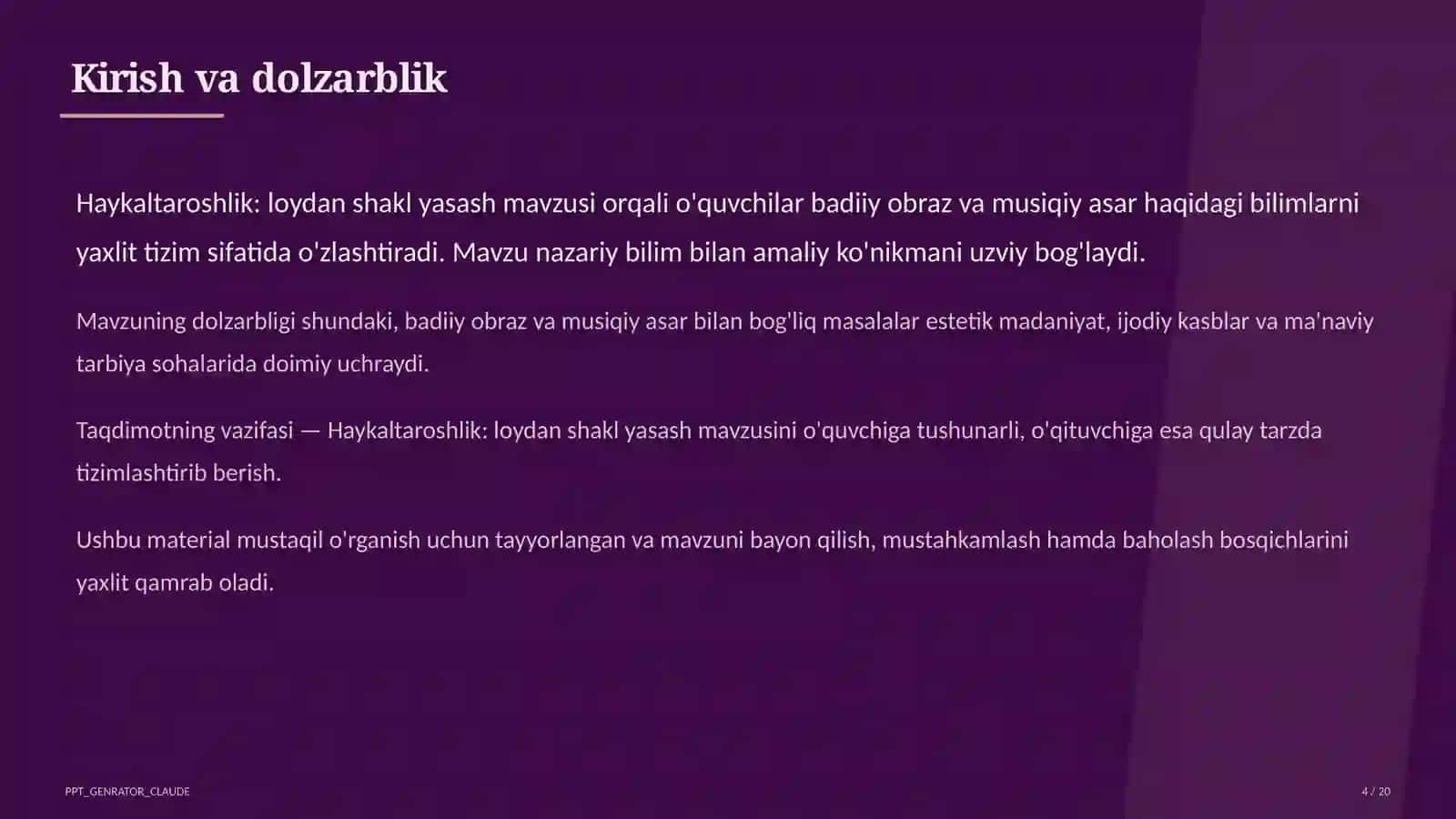 Haykaltaroshlik: loydan shakl yasash (4-sinf) 4
