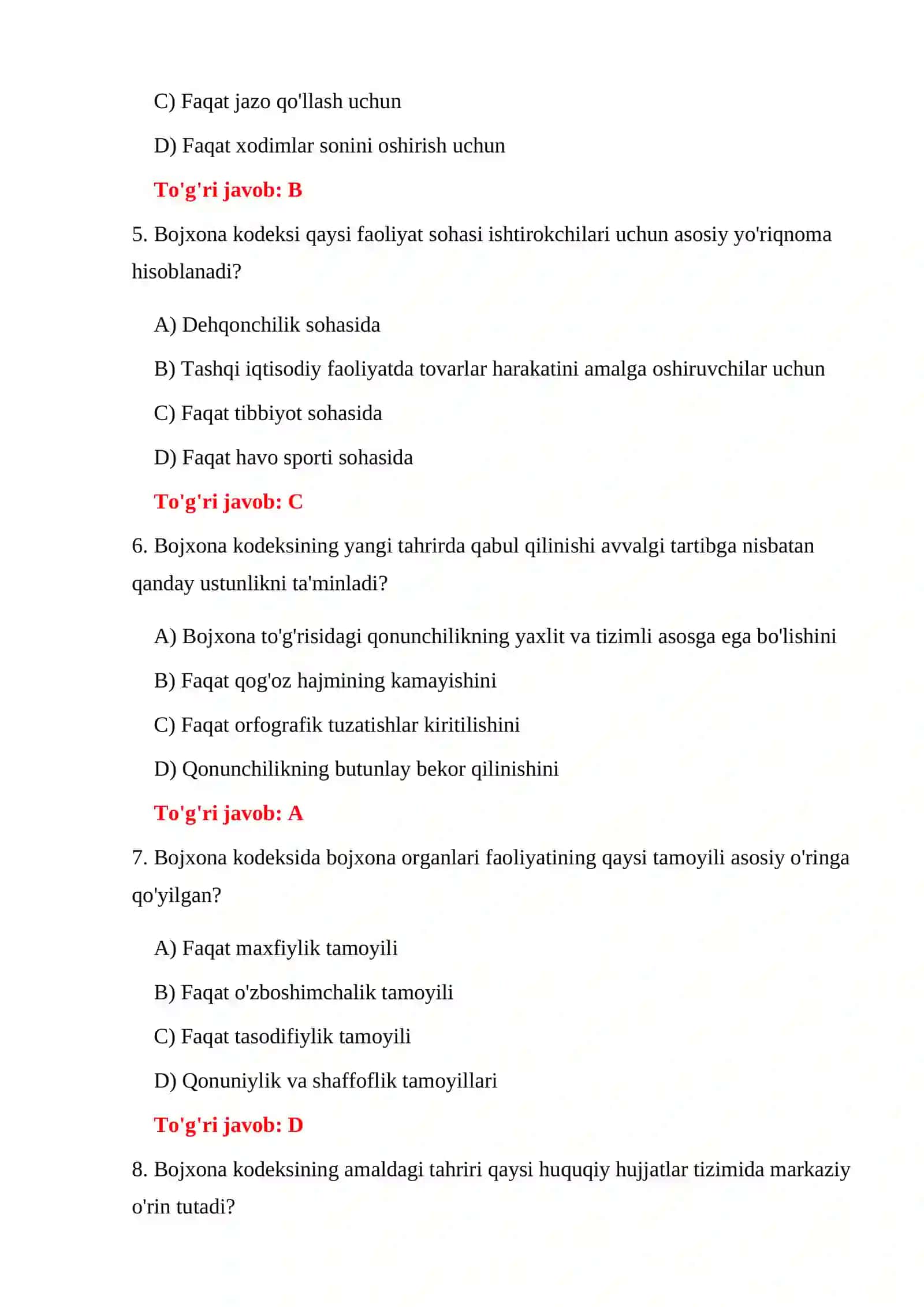 BOJXONA KODEKSI BO'YICHA SAVOL-JAVOBLAR 4