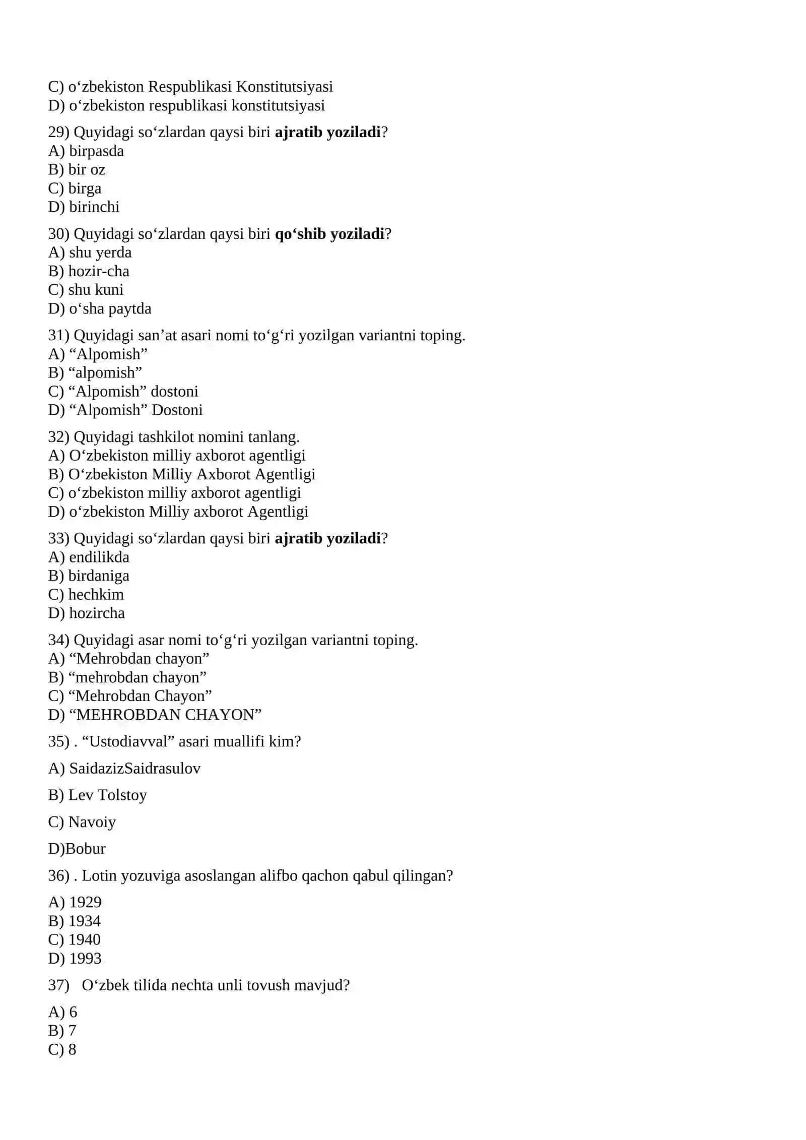 ona tiliga oid testlar 4