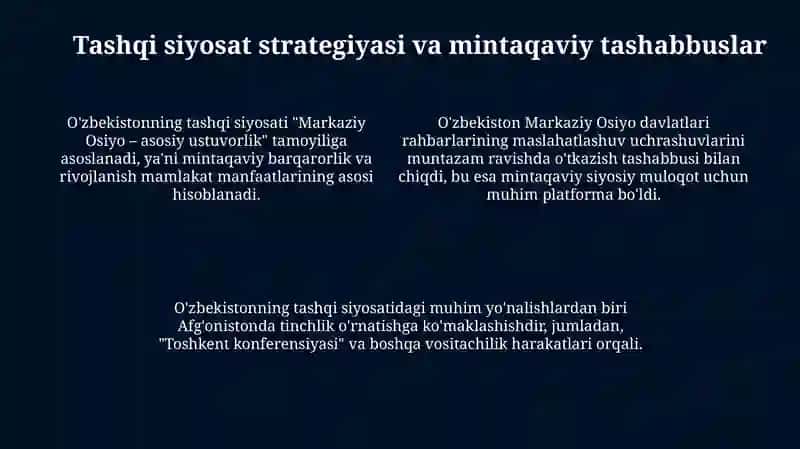Oʻzbekistonning Markaziy Osiyoda tinchlik va barqarorlikni taʼminlashdagi oʻrni 4