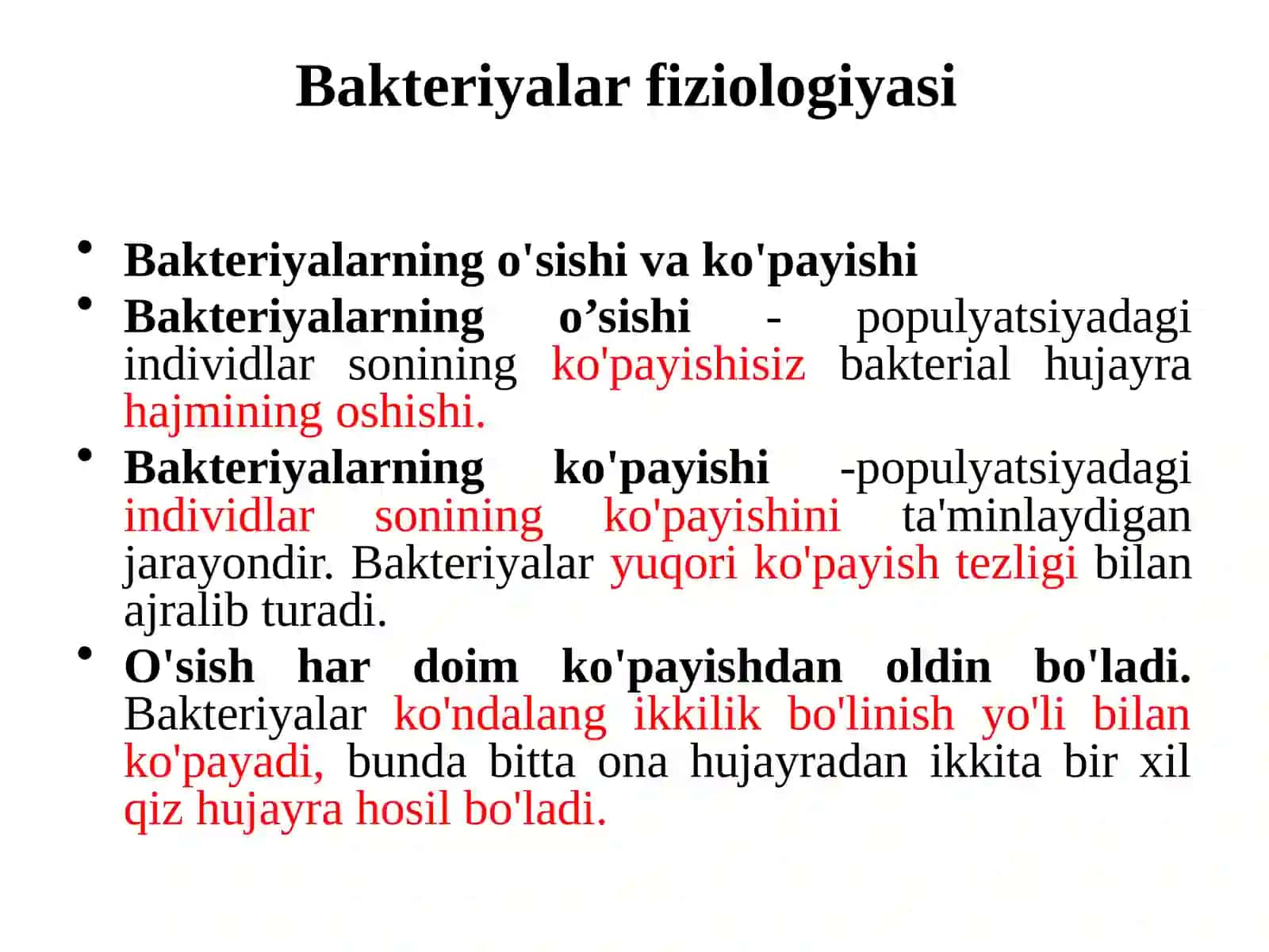 Bakteriyalarning fiziologiyasi: oziqlanishi, nafas olishi, o‘sishi, ko‘payishi. Oziq muhitlar, ularga qo‘yilgan talablar, klassifikatsiyasi, ishlatilishi 4