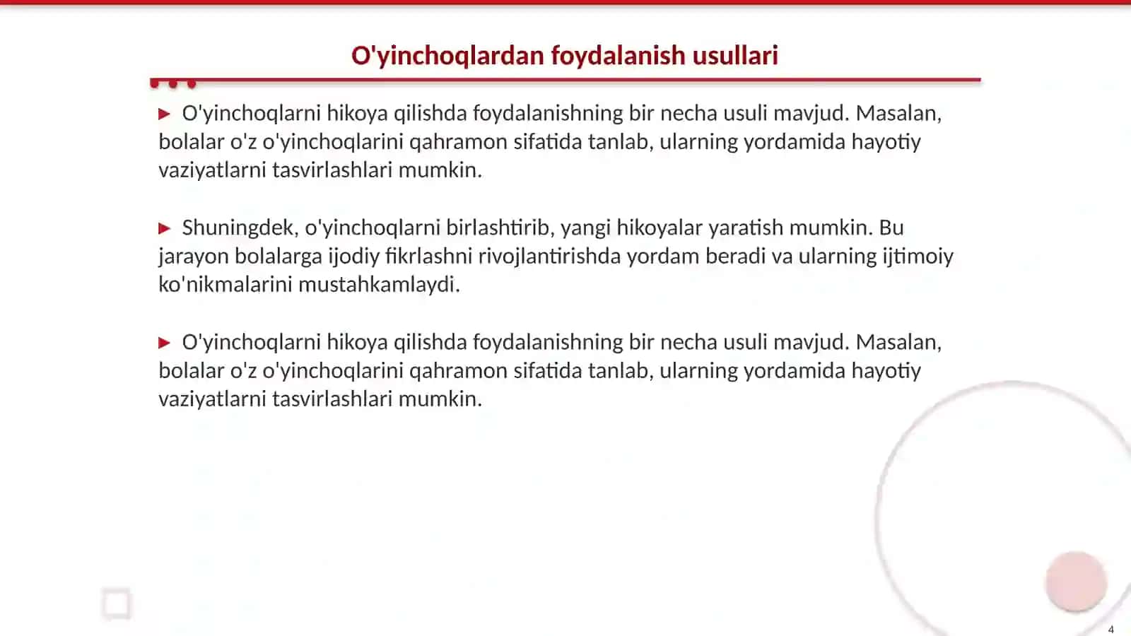 O'yinchoq va predmetlarga qarab hikoya qilishni o'rgatish 4