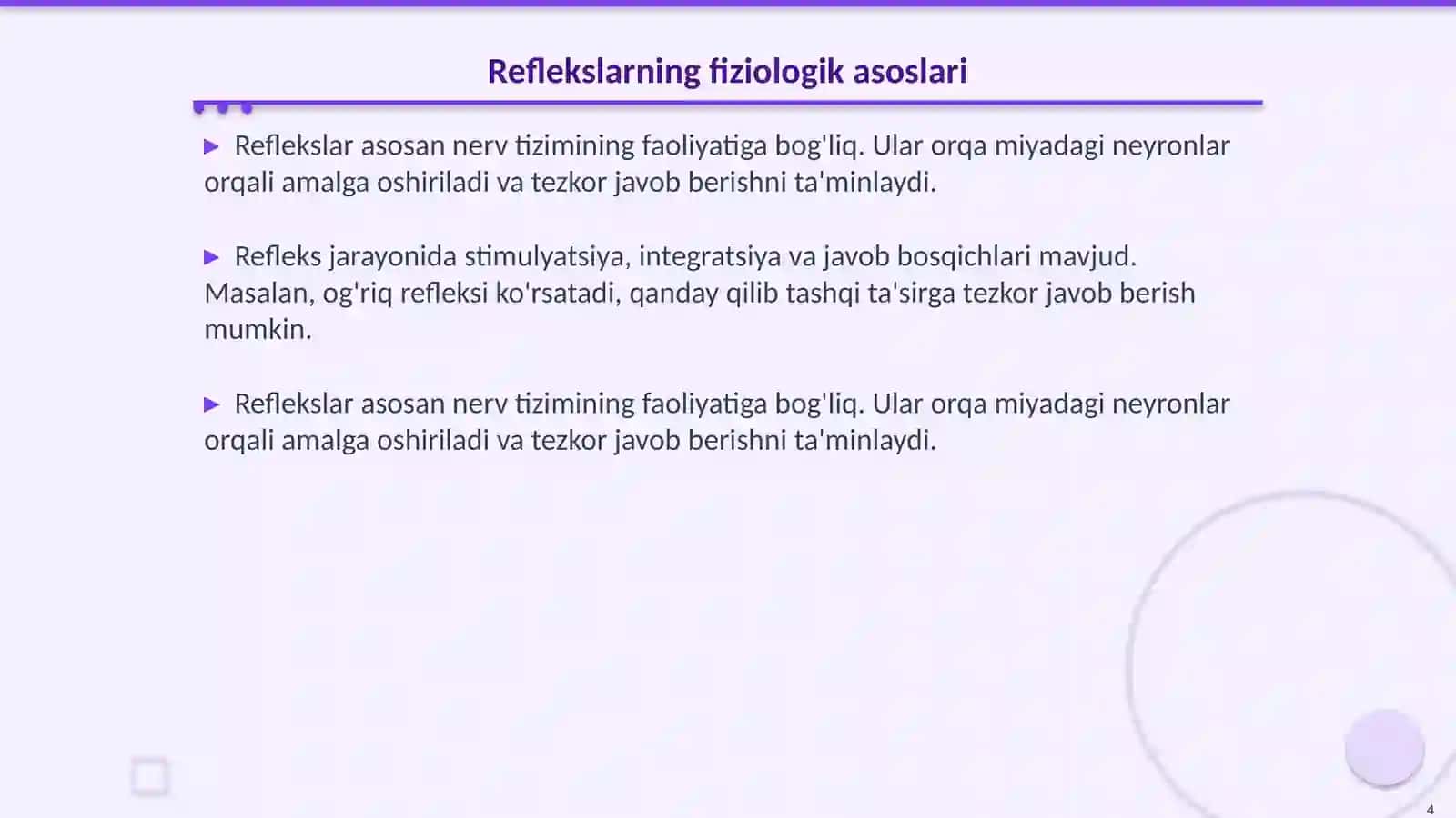 Orqa miya reflekslarini, faol diqqat, ixtiyoriy harakat tezligini, aqliy ishchanlik qobilyatini aniqlash 4