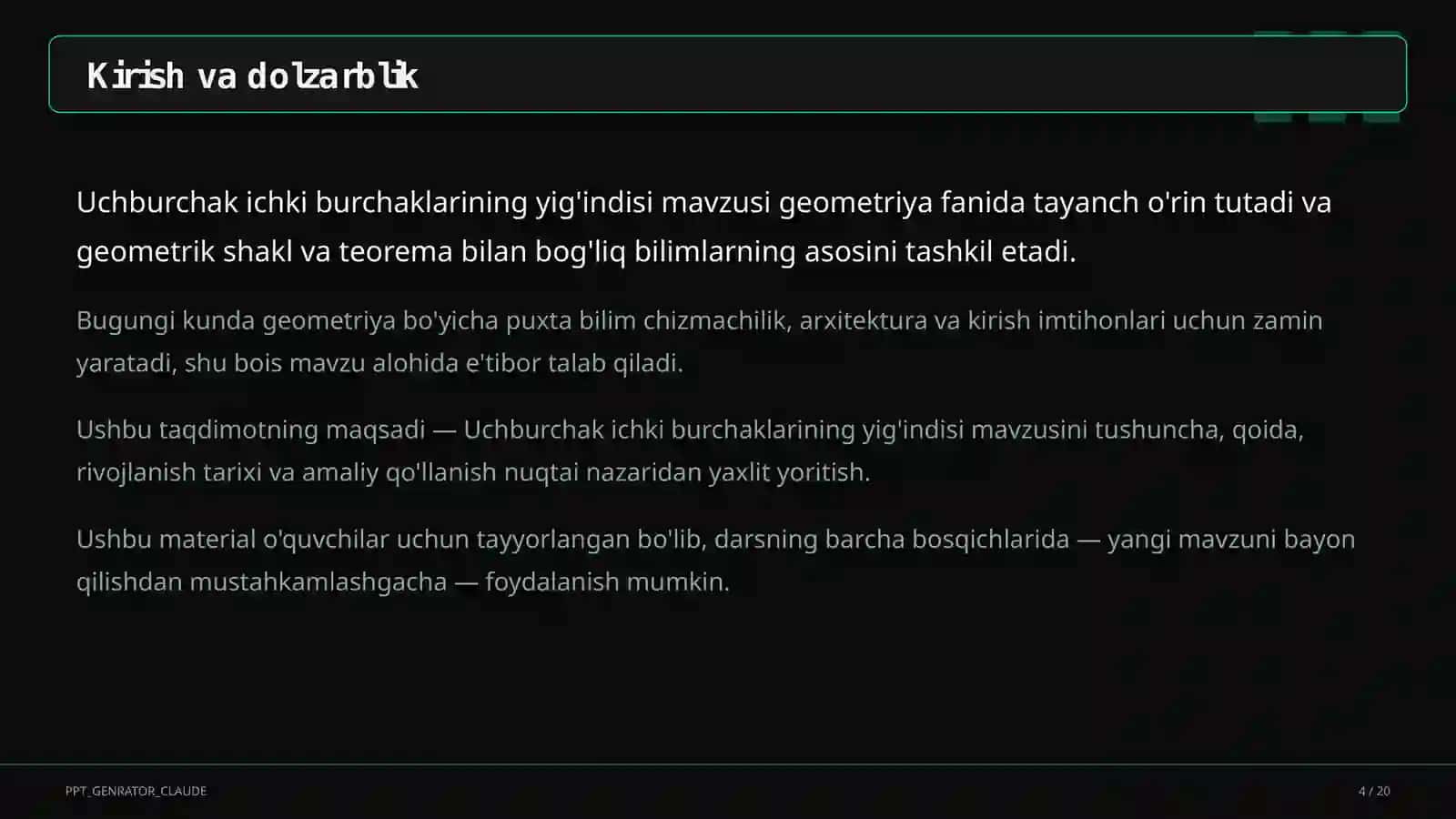 Uchburchak ichki burchaklarining yig'indisi (7-sinf) 4