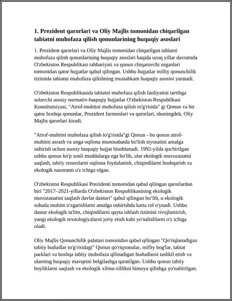 PREZIDENT QARORLARINI, OLIY MAJLIS TOMONIDAN CHIQARILGAN TABIATNI MUHOFAZA QILISHGA DOIR QONUNLARNI O'RGANISH 4