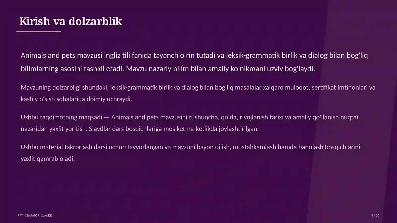 Animals and pets (2-sinf) Ingliz tili (1–11) — takrorlash darsi uchun 4