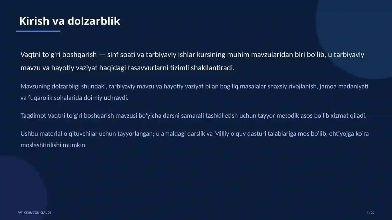 Sinf soati va tarbiyaviy tadbirlar (1– 11) — o'qituvchilar uchun 4