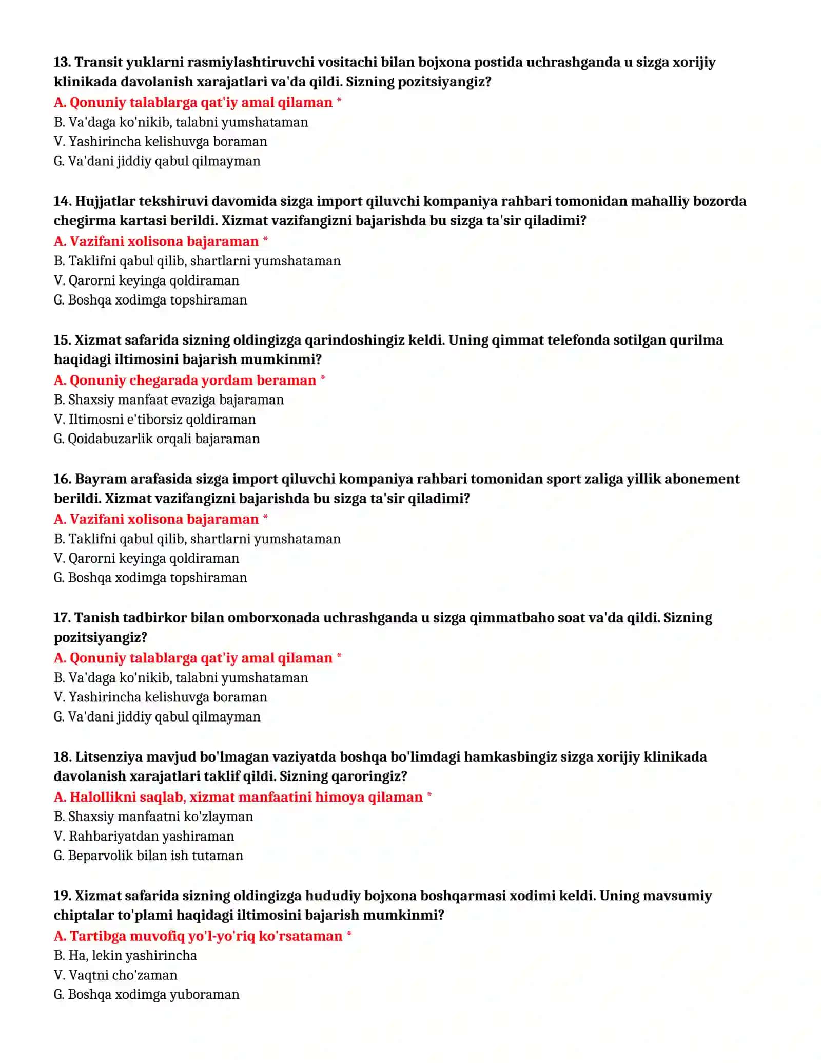 BOJXONA AKADEMIYASI - IMTIHON TEST SAVOLLARI (№ 77) 4