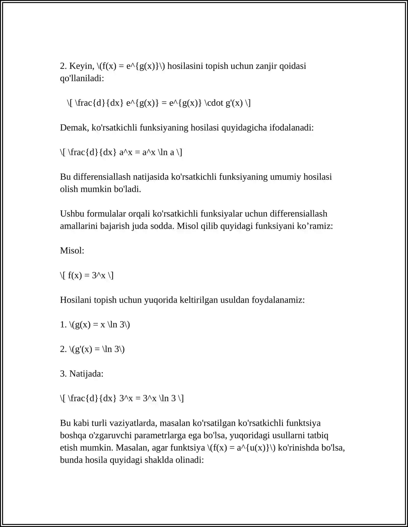 MUSTAQIL ISH Mavzu: KOʻRSATKICHLI DARAJALI VA GIPERBOLIK FUNKSIYALAR HOSILALARNI HISOBLASH 4