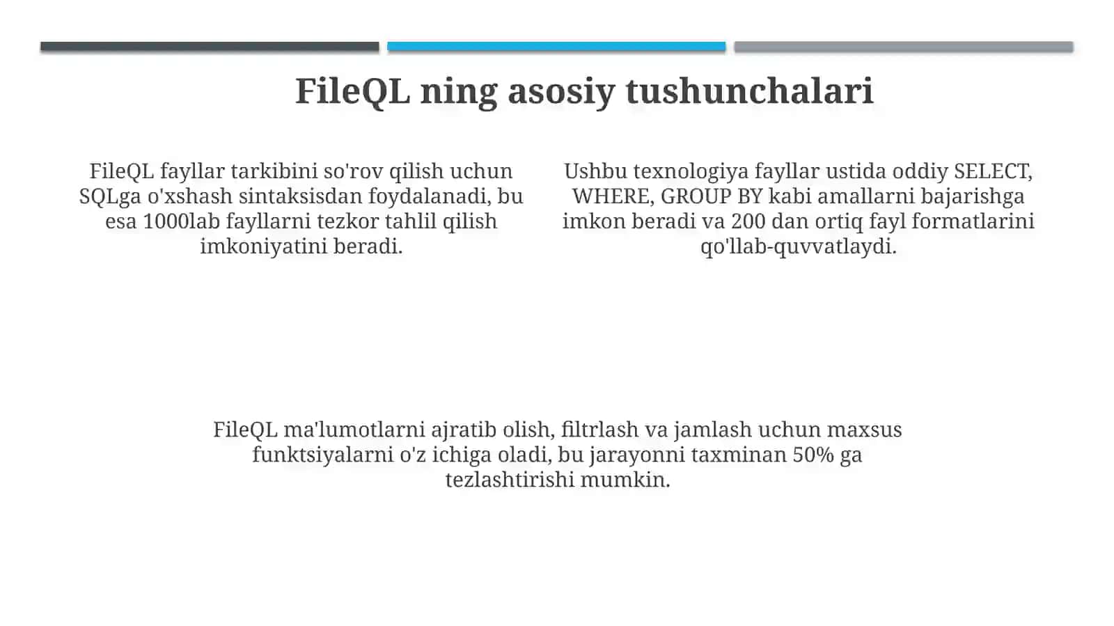 Fayl QL – bu fayl formatlari va tarkibini so'rov qilish uchun ishlatiladigan kuchli til 4
