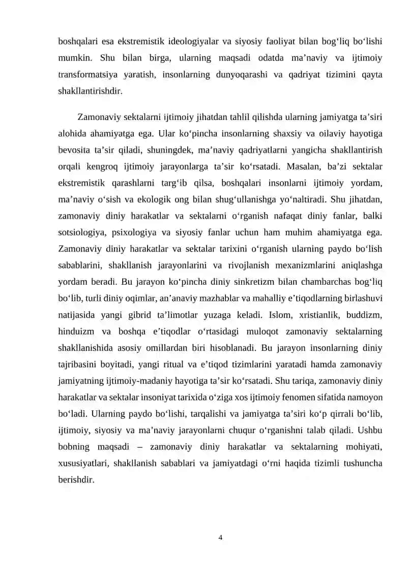 Zamonaviy diniy hatakatlar va sektalar Islom va boshqa diniy aqidalar sinkretlashuvi natijasida shakllangan diniy talimotlar tarixi 4