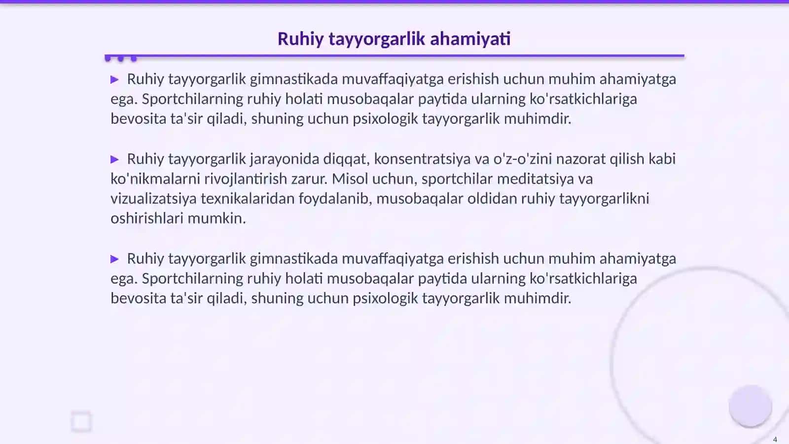 Gimnastikada tayyorgarlik (jismoniy, ruhiy) turlarining oʻrni 4