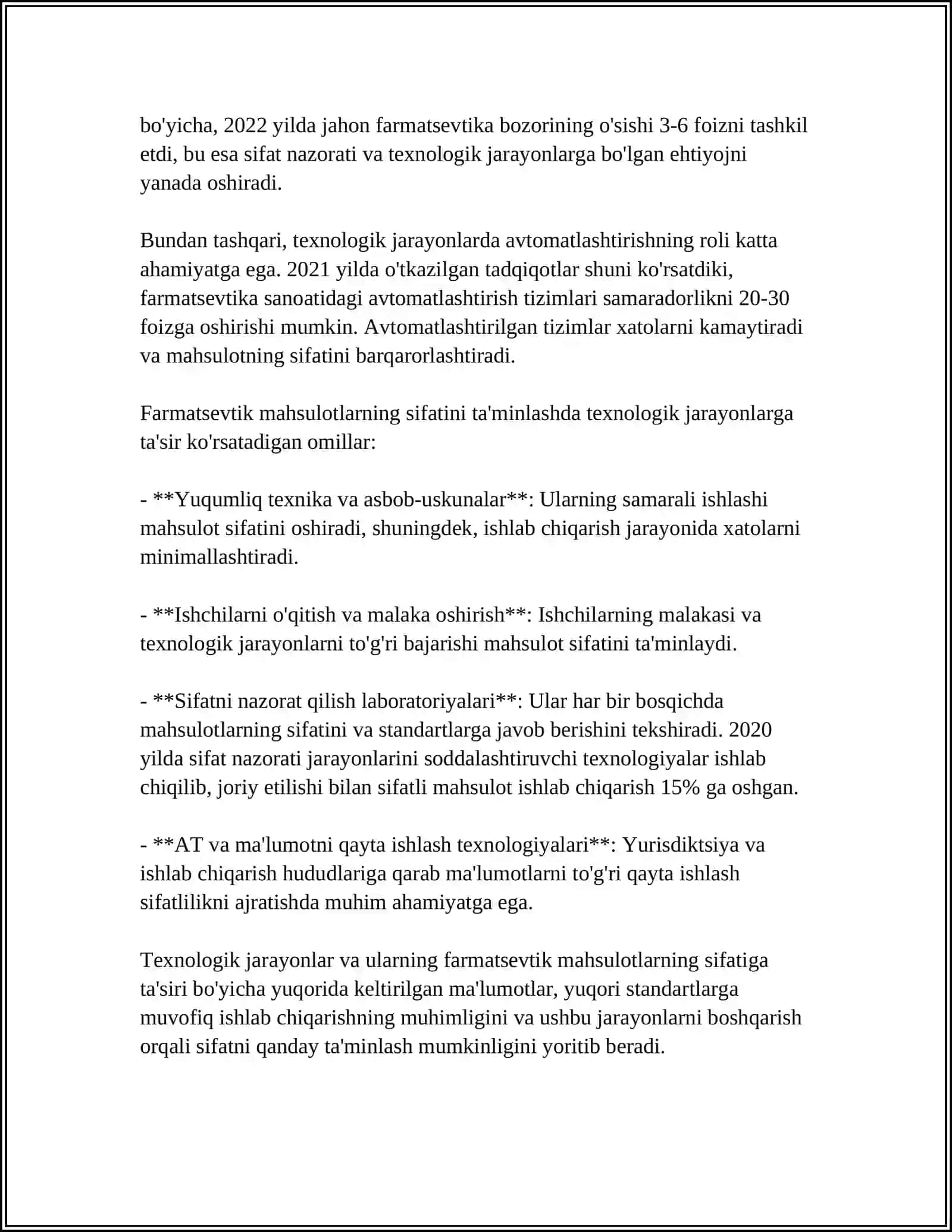 TEHNOLOGIK JARAYONLAR VA ULARNI DORI VOSITALARINING BIOSAMARADORLIKKA TA'SIRI 4
