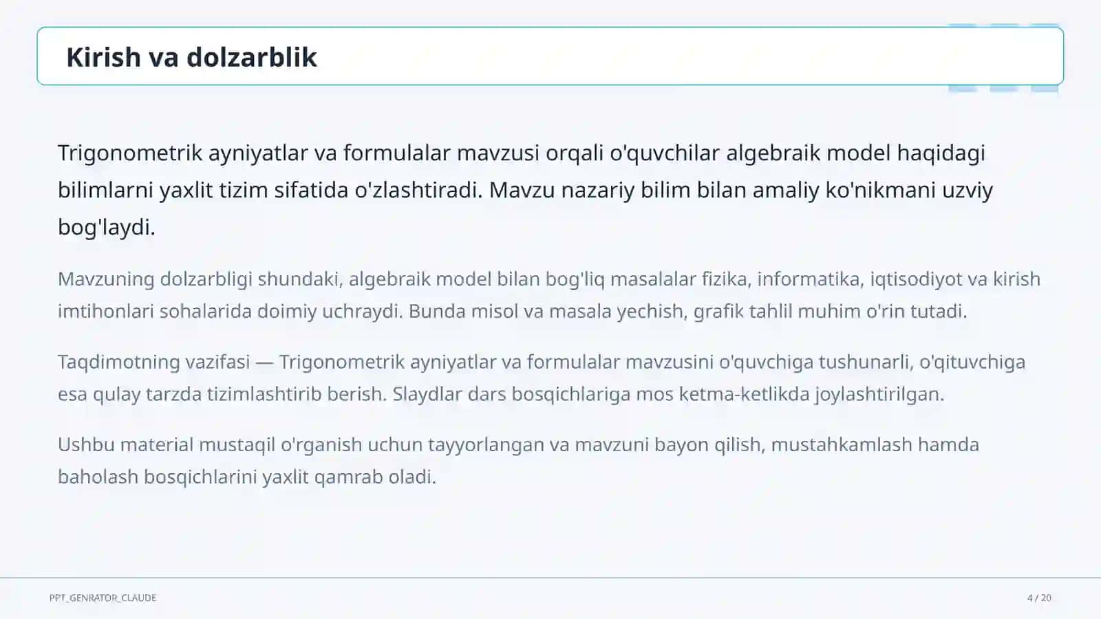 Trigonometrik ayniyatlar va formulalar (10-sinf) 4