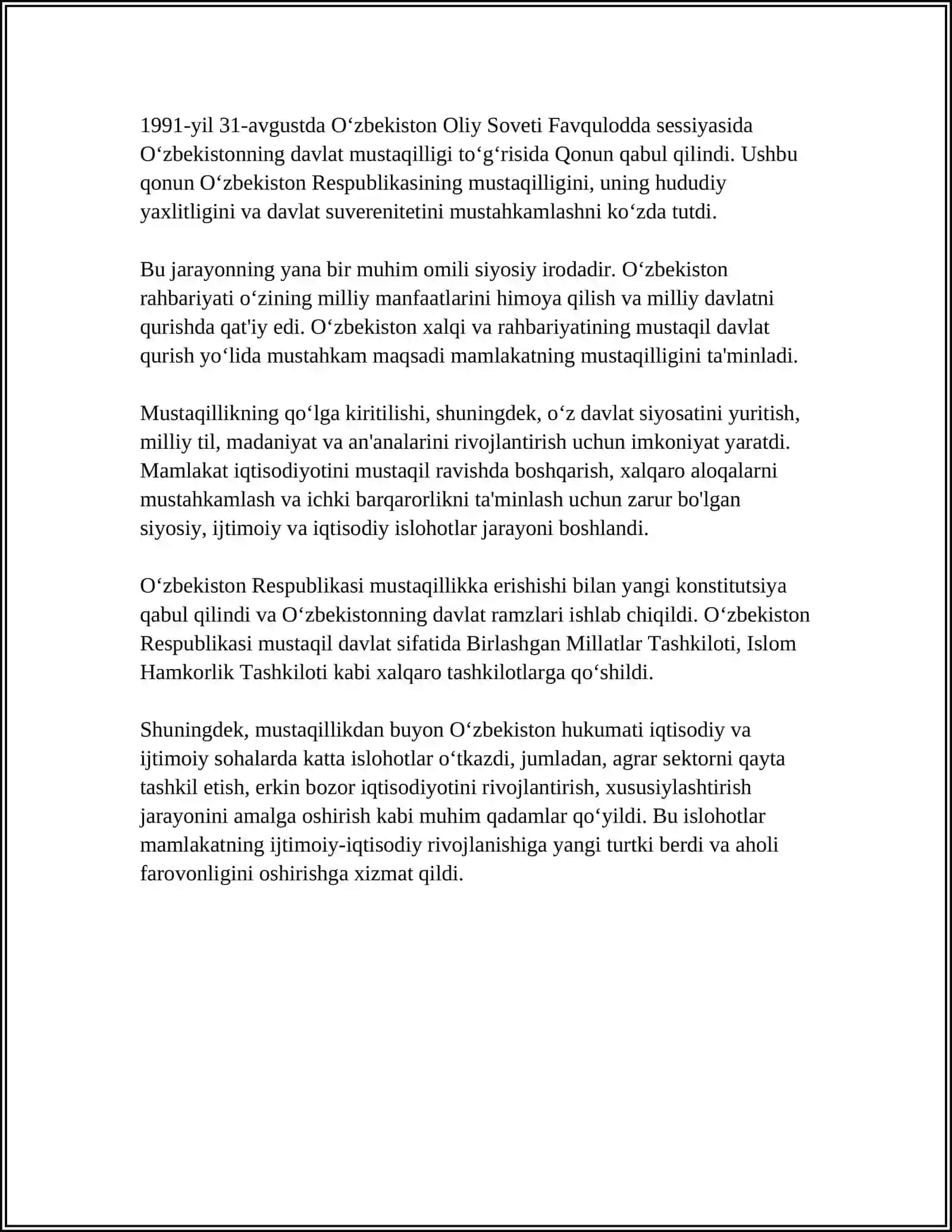 MUSTAQIL O‘ZBEKISTON RESPUBLIKASI TASHKIL TOPISHINING TARIXIY AHAMIYATI 4