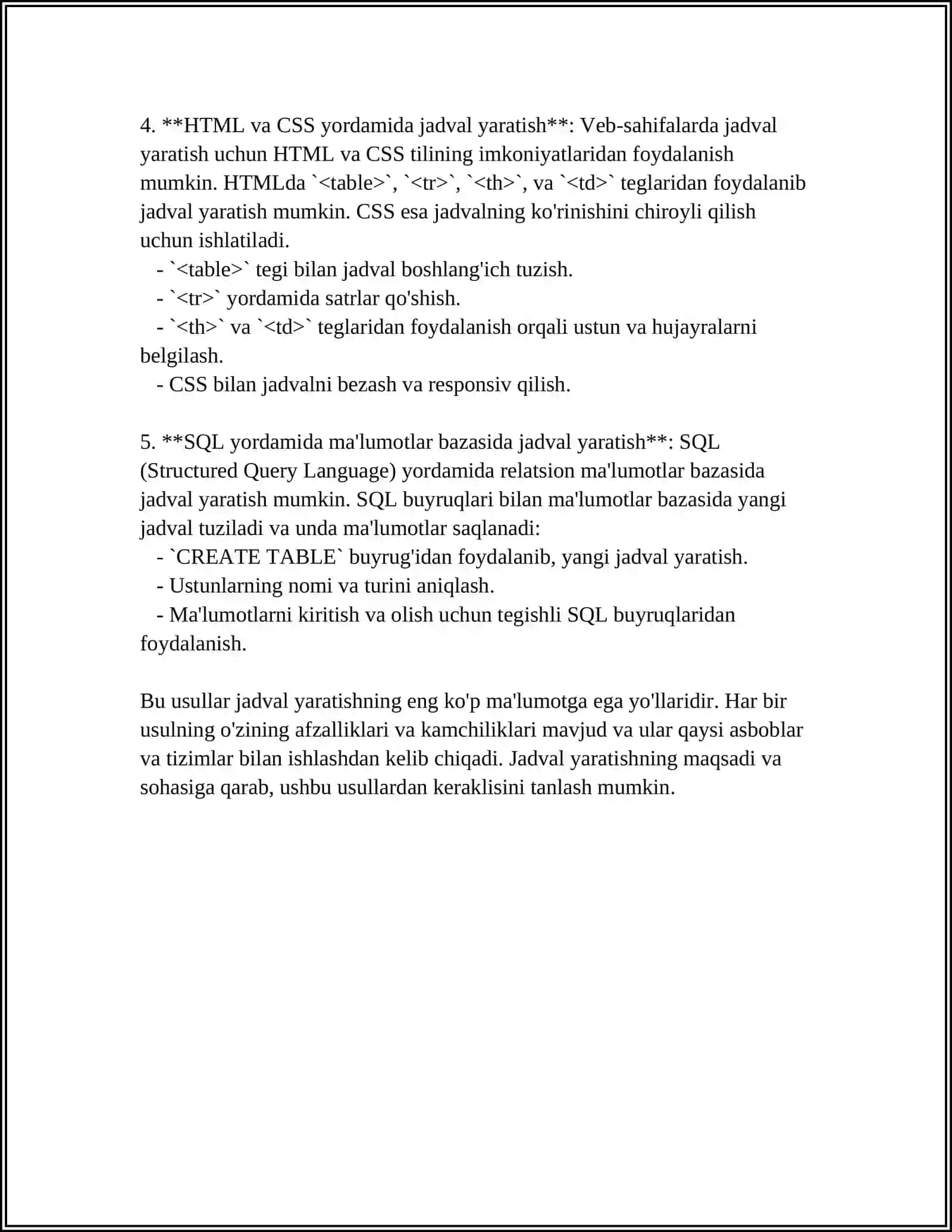 WORD DASTURIDA JADVALLAR VA OB’EKTLAR BILAN ISHLASH 4