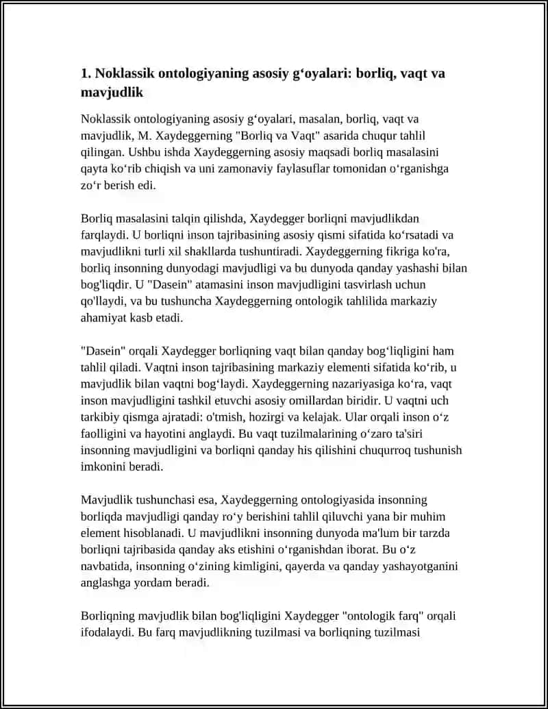 NOKLASSIKALIQ ONTOLOGIYANIN BAGDARLARI HÁM 5. MAZMUNI BOYINSHA ESSE TAYARLAW (M.XAYDEGGERDIN "BORLIG VA VAQT" SHIGARMASI TIYKARINDA) 4