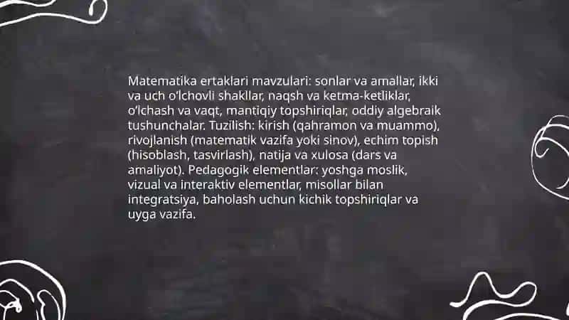 Matematik topishmoqlarni o'rganish. Matematik ertaklar. Matematikadan devoriy gazetalar. Matematik o'n minutliklar. Matematik kecha ssenariylar tuzish. Sehrli kvadratlar tuzish ularni tadbiqini yaratish. Matematik boshqotirmalar yaratish 4