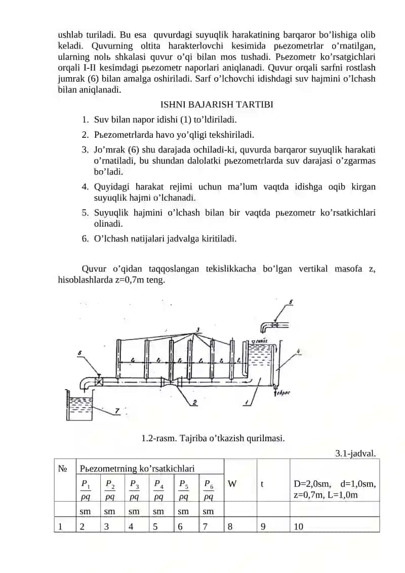 BERNULLI TENGLAMASI YoRDAMIDA PЬEZOMETRIK VA GEOMETRIK BOSIM CHIZIG’I DIAGRAMMASINI TUZISH 4