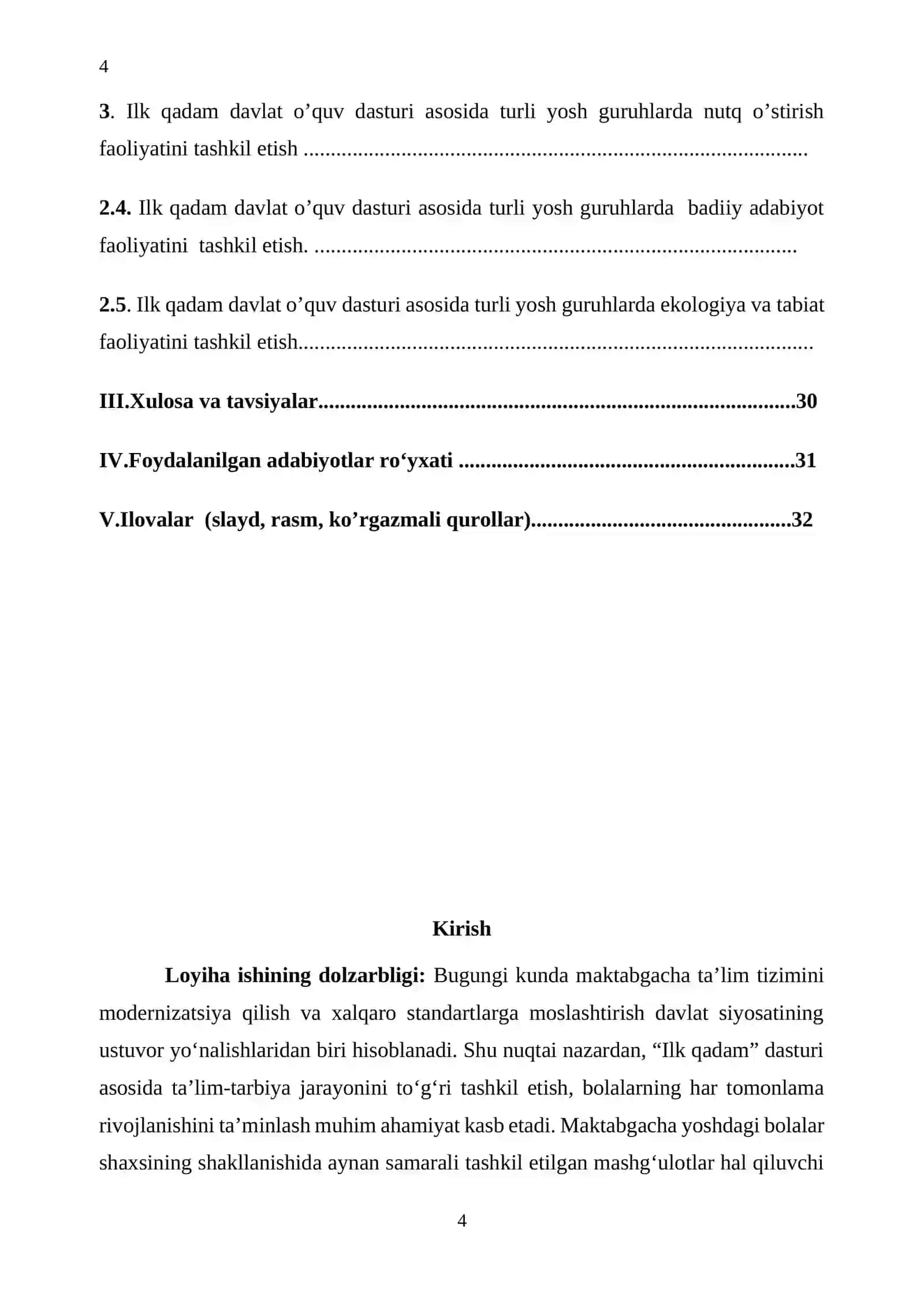 “Ilk qadam davlat o’quv dasturi asosida mashg’ulotlarni tashkil etish usullari” LOYIHA ISHI 4