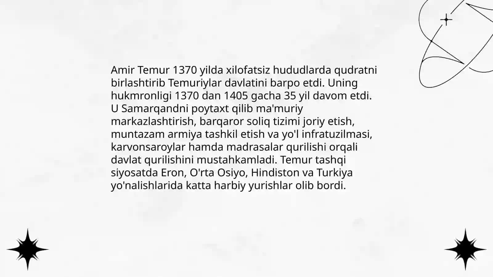 Amir Temur hayoti va ijodi va uning pedagogik fikrlari 4