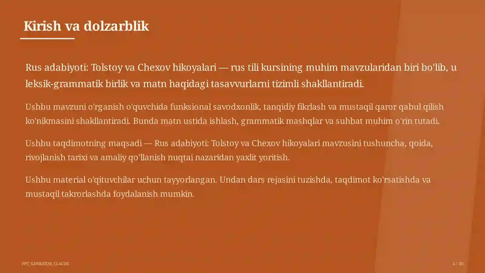 Rus adabiyoti: Tolstoy va Chexov hikoyalari (10-sinf) 4
