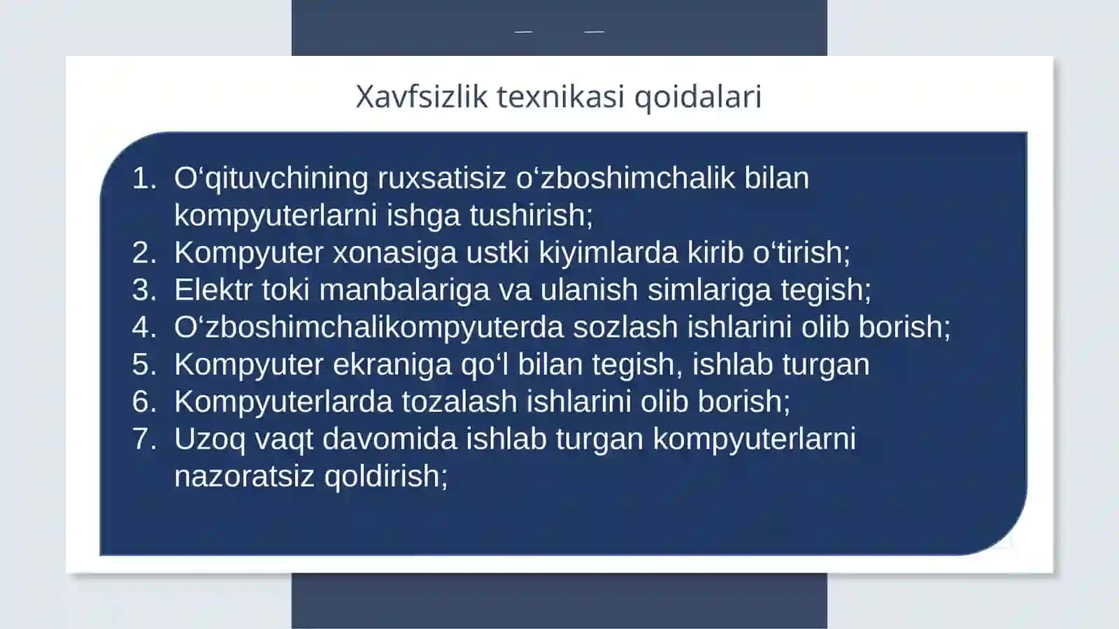 KOMPYUTERDA FOYDALANUVCHIGA MOS MUHITNI TASHKIL ETISH, TEXNIK XAVFSIZLIKNI TUSHUNTIRISH 4