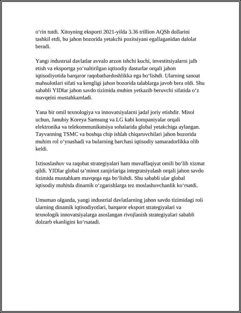 JAHON IQTISODIYOTIDA YANGI INDUSTRIAL DAVLATLARNING TUTGAN OʻRNI 4