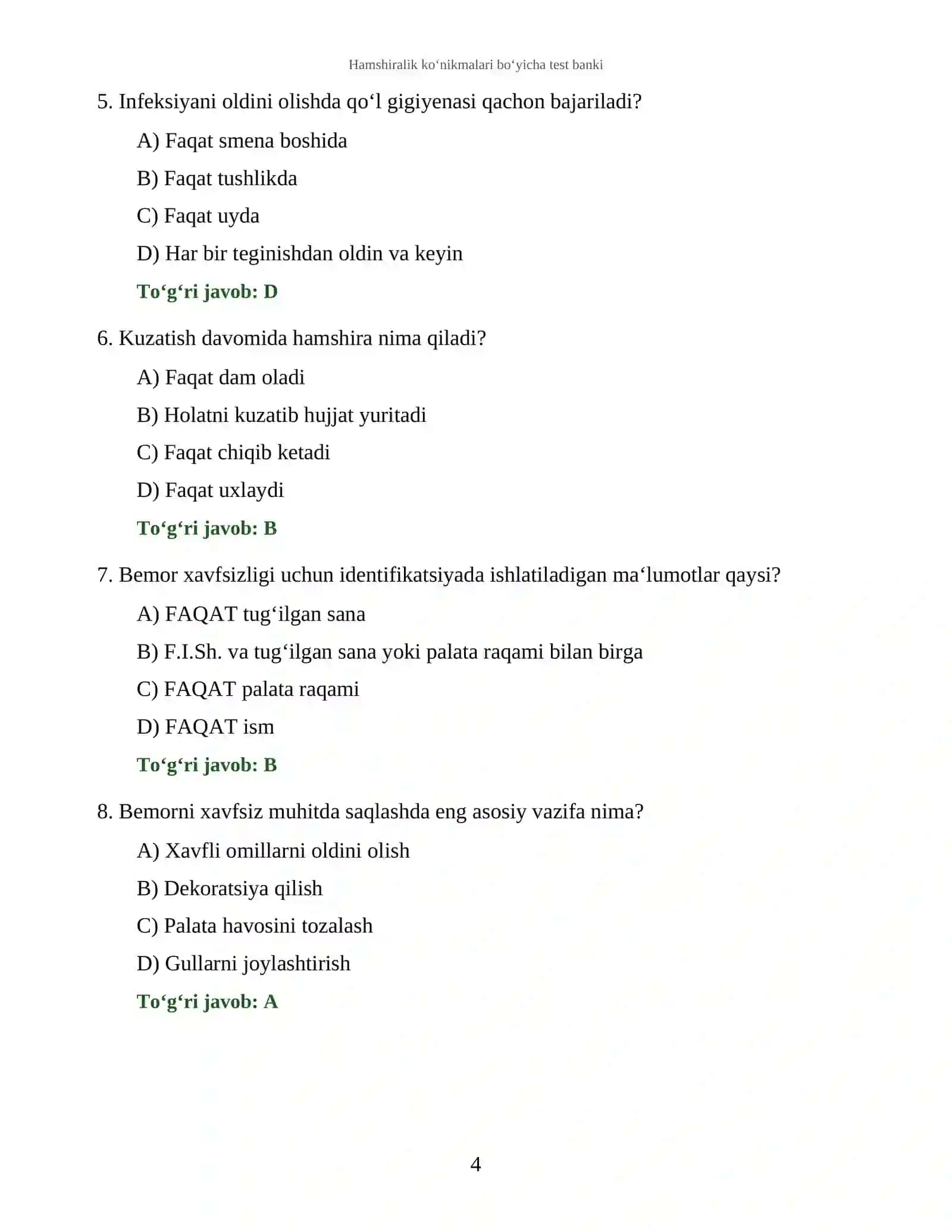 Hamshiralik ko‘nikmalari bo‘yicha test banki 4