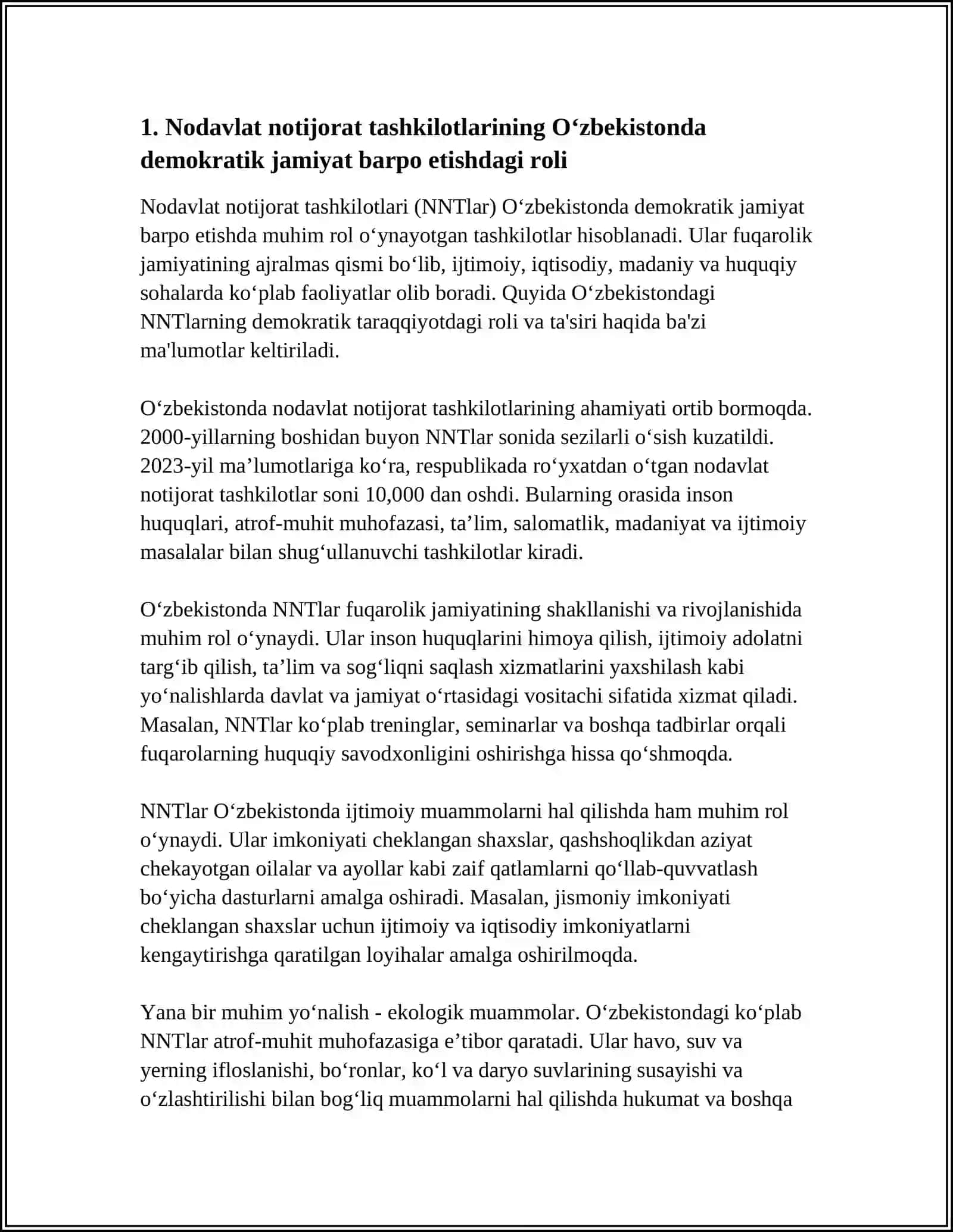 Nodavlat va jamoat tashkilotlarining Oʻzbekistonda demokratik jamiyat barpo etishidagi oʻrni va ahmiyati 4