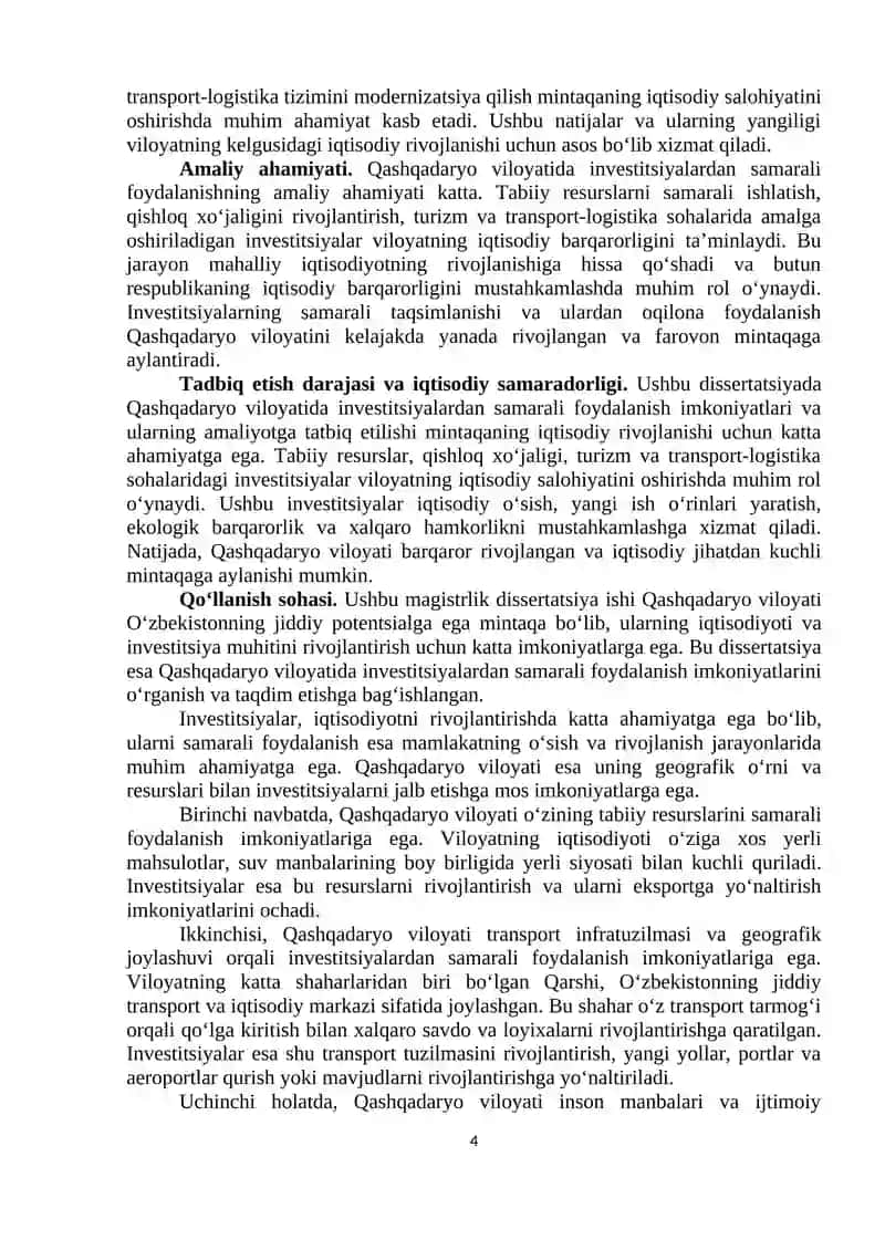 Mintaqa iqtisodiyotida investitsiyalardan samarali foydalanish imkoniyatlari (Qashqadaryo viloyati misolida) 4