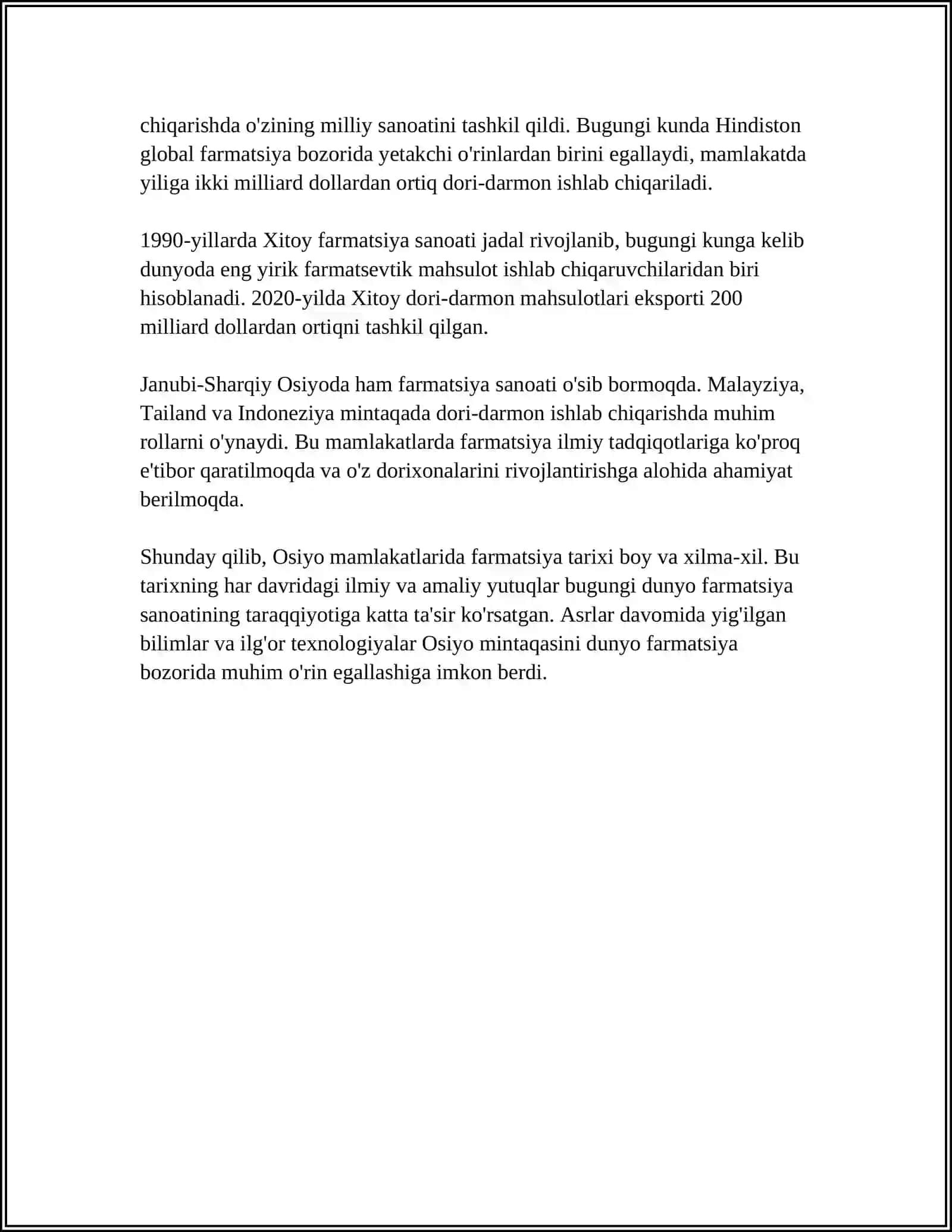 OSIYO MAMLAKATLARIDA FARMATSIYANI RIVOJLANISH O'ZIGA XOSLIGI 4