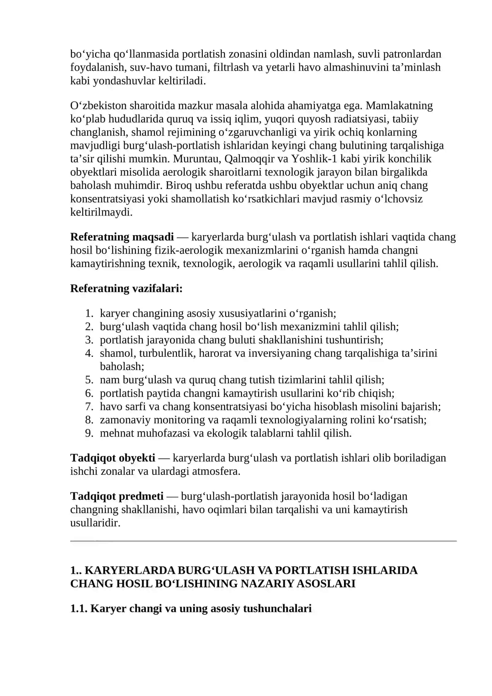 Karyerlarda burg‘ulash va portlatish ishlarida chang hosil bo‘lishi va uni kamaytirish usullari 4