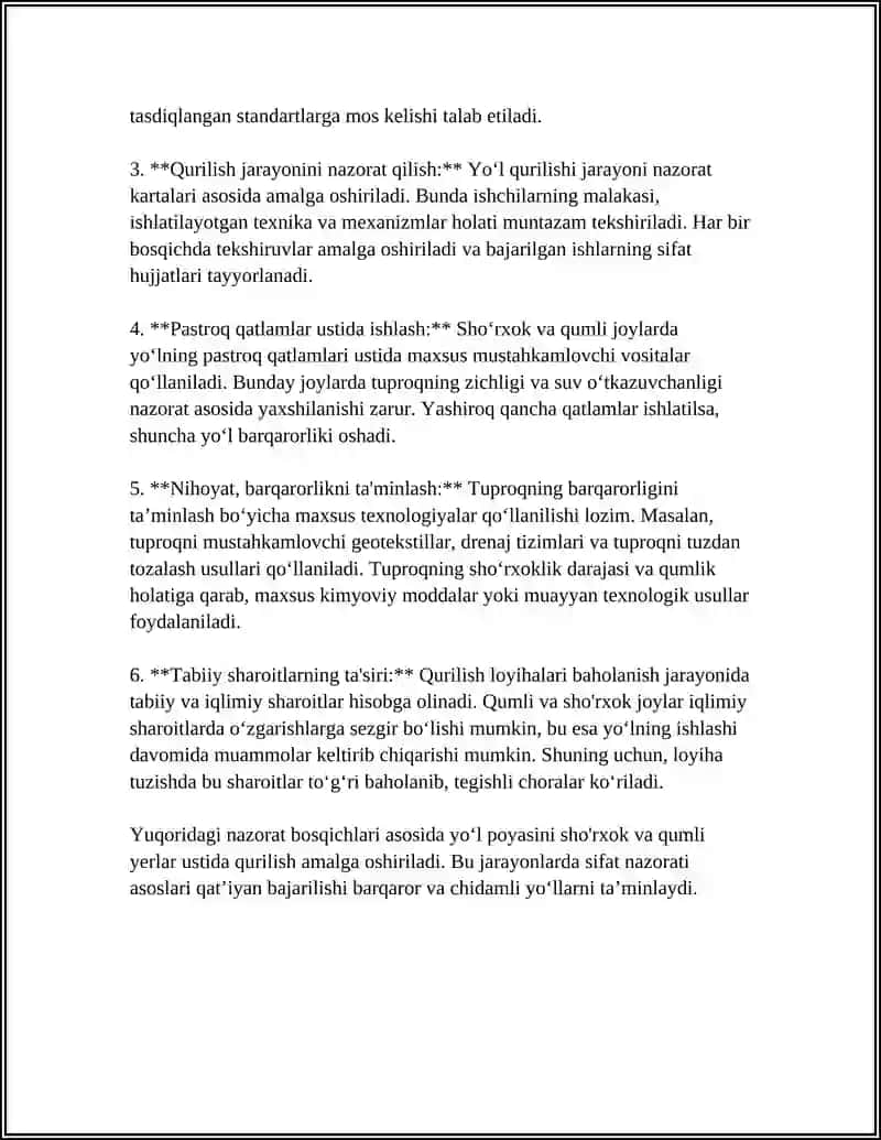 Yo'l poyini sho'rxok va qumli yerlarda qurishda sifat nazorati 4