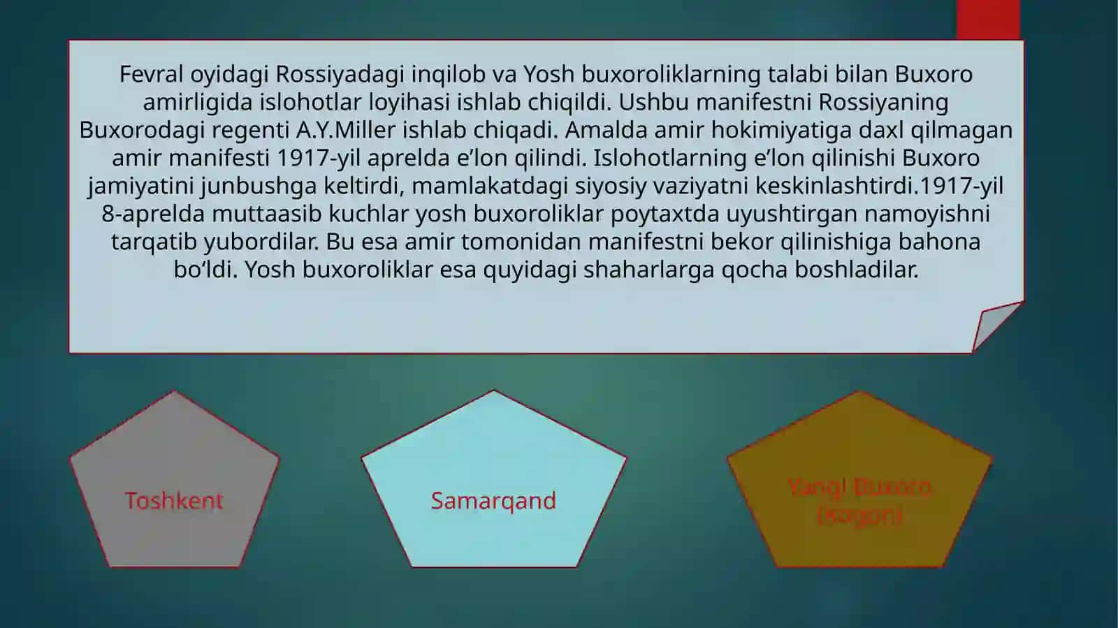 Xiva xonligi va Buxoro amirligining qizil armiya tomonidan tugatilishi. XXSR va BXSRning tashkil topishi. O‘rta Osiyoda Milliy hududiy chegaralanishning o‘tkazilishi 4
